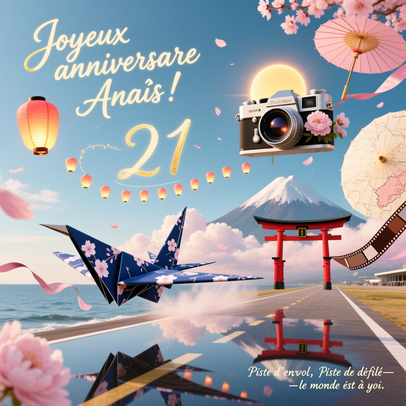 At the top of the Surreal Style image, Joyeux anniversaire Anaïs ! in soft hand-lettered ivory with a gentle gold glow, floating lightly in the sky.

A dreamlike, Dali-inspired birthday tableau: a silk origami airplane, stitched from indigo kimono patterns and sakura print, lifts off from a glossy runway that melts into a mirrored sea—half airport runway, half fashion catwalk. In the sky, twenty-one glowing cherry-blossom lanterns trail behind the plane, arcing in a gentle loop that subtly sketches the number 21. A colossal vintage camera rises like a tranquil mountain on the horizon; its liquid-lens sun spills warm, ethereal light that turns drifting clouds into soft petals. Crimson torii gates hover as weightless frames; parasols unfurl into cumulus; film strips unravel and dissolve into faint maps of Japan, hinting at travel and new journeys. Delicate peonies bloom from camera shutters; obi-sash ribbons ripple in the air like runway streamers. Color palette of sakura pink, deep indigo, ivory, and warm gold; serene, sincere mood; melting edges, long poetic reflections, and airy negative space.

At the bottom-right in tiny elegant script: Piste d’envol, piste de défilé—le monde est à toi.
Generated with these themes: 21, Japan, Fashion, Photography, Travel, Flowers, Airplane, and .
Made with ❤️ by AI.