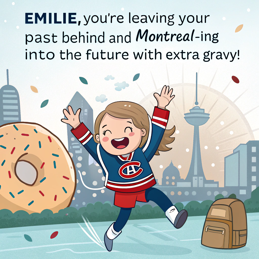 At the top of the image, "Emilie, you're poutine your past behind and Montréal-ing into the future with extra gravy!"  

- In the center of the image, show a cartoon-style moose in a striped Montréal Canadiens jersey dramatically sobbing while waving goodbye.  
- Emilie is being carried away in a giant, smiling bagel with wings, flying over a skyline that includes Mount Royal, the Biosphère, and an angry squirrel throwing snowballs.  
- There’s a suitcase trailing behind Emilie with stickers like “BYE HOSER!” and “Maple Miss You.”  
- At the bottom of the image, add the text: “Bonne chance! Just don’t forget how to properly pronounce ‘dep’ and ‘Tabarnak.’”
Generated with these themes: Montreal.
Made with ❤️ by AI.