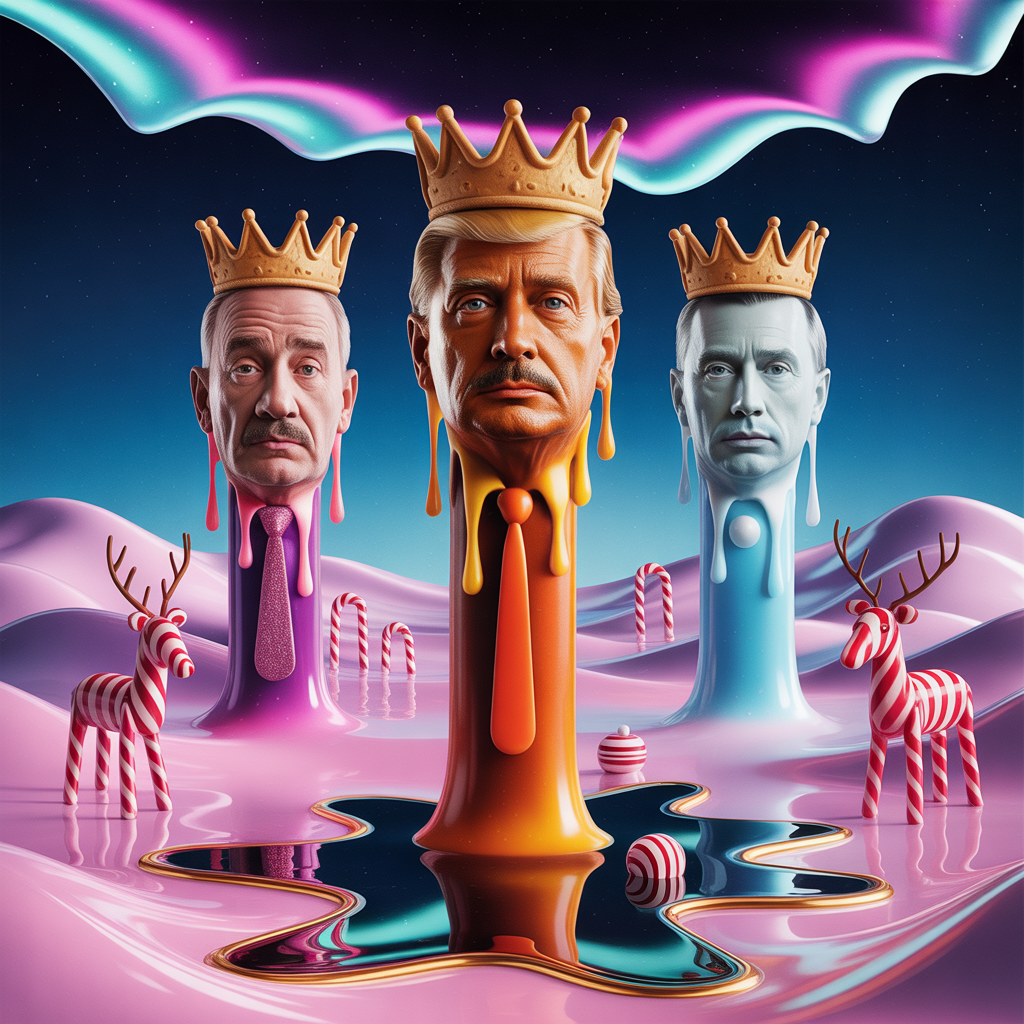 At the top of the image, “Ho Ho No: The Three Wise Wankers”

Depict a Dali-inspired, dreamlike winter wasteland: sugar-snow dunes flowing like liquid silk, candy-cane arches drooping like melted clocks, and a pearlescent aurora ribboning across a velvet midnight sky. In the center, three towering, melting wax-candle busts caricaturing Farage, Trump, and Putin wear crumpled gold cracker crowns. Distinct cues: Trump with a glossy tangerine bauble-sheen and a licorice-red tie stretching absurdly long; Farage with a purple rosette fused into the wax and a pint-glass glow trapped inside his chest; Putin pale and glassy, an icy stare set above a tiny toy horse half-sunk in the wax. Their wax drips into warped star-shaped puddles reflecting upside-down candy canes and fractured baubles.

Surround them with spindly reindeer made of clock hands, a sleigh stretched into a thin, impossible curve, and holly leaves that morph into fish mid-air. Long, surreal shadows rake across the glittering snow; “censor-bar” shaped snowflakes swirl like cheeky asterisks around the trio. Ethereal, moonlit rim lighting, soft fog, jewel-toned palette (icy teal, crimson, tarnished gold), painterly textures, and exaggerated perspective. Make the headline bold, candy-cane striped, slightly melting, and dominant at the top. No other text anywhere in the scene.
Generated with these themes: Farage, Trump, Putin, Wankers, and .
Made with ❤️ by AI.