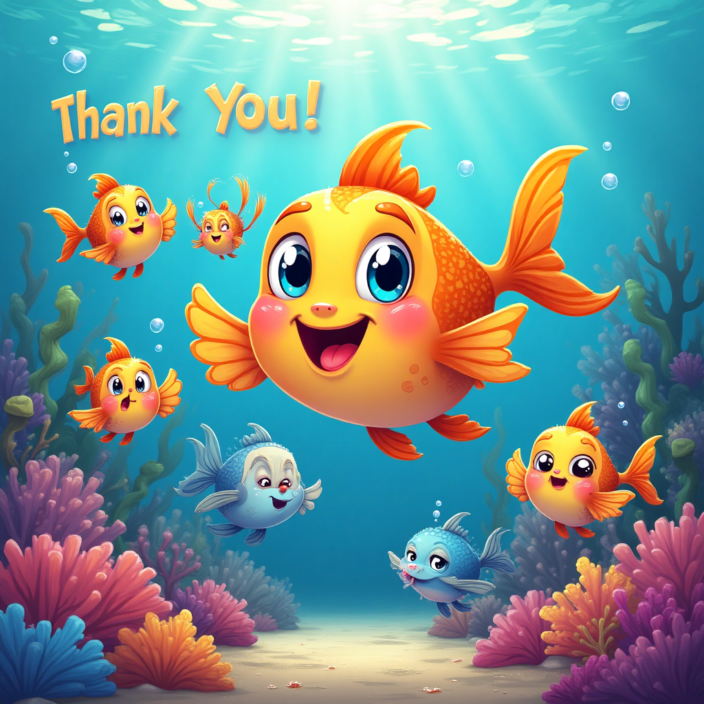 At the top of the Cartoon Style image, the text reads: "Thank You!"

**Image Description:**

Create a whimsical underwater scene featuring a group of adorable cartoon fish expressing gratitude. Imagine a vibrant, bustling coral reef setting with fish of various sizes and colors. The main focus is on a charismatic, oversized fish with big, sparkling eyes, giving a friendly, appreciative wave with its fin. Surrounding this fish, a school of smaller fish are joyously forming a heart shape with their bodies, emphasizing the feeling of gratitude. 

Each fish should have a distinct, charming personality, with exaggerated features such as plump cheeks and tiny, endearing smiles. Their scales shimmer in a rainbow of colors, reflecting the playful light filtering through the water. The scene is filled with bright, saturated hues—deep blues and purples of the ocean contrasted with the vivid oranges, yellows, and greens of the coral.

In the background, bubbles gently rise to the surface, and playful starfish and seahorses can be seen peeking out from behind coral formations. Add a whimsical touch by having a cheeky fish holding a small sign with a pun, such as "You're Fintastic!" to complement the "Thank You!" message.
Generated with these themes: Fish, and .
Made with ❤️ by AI.