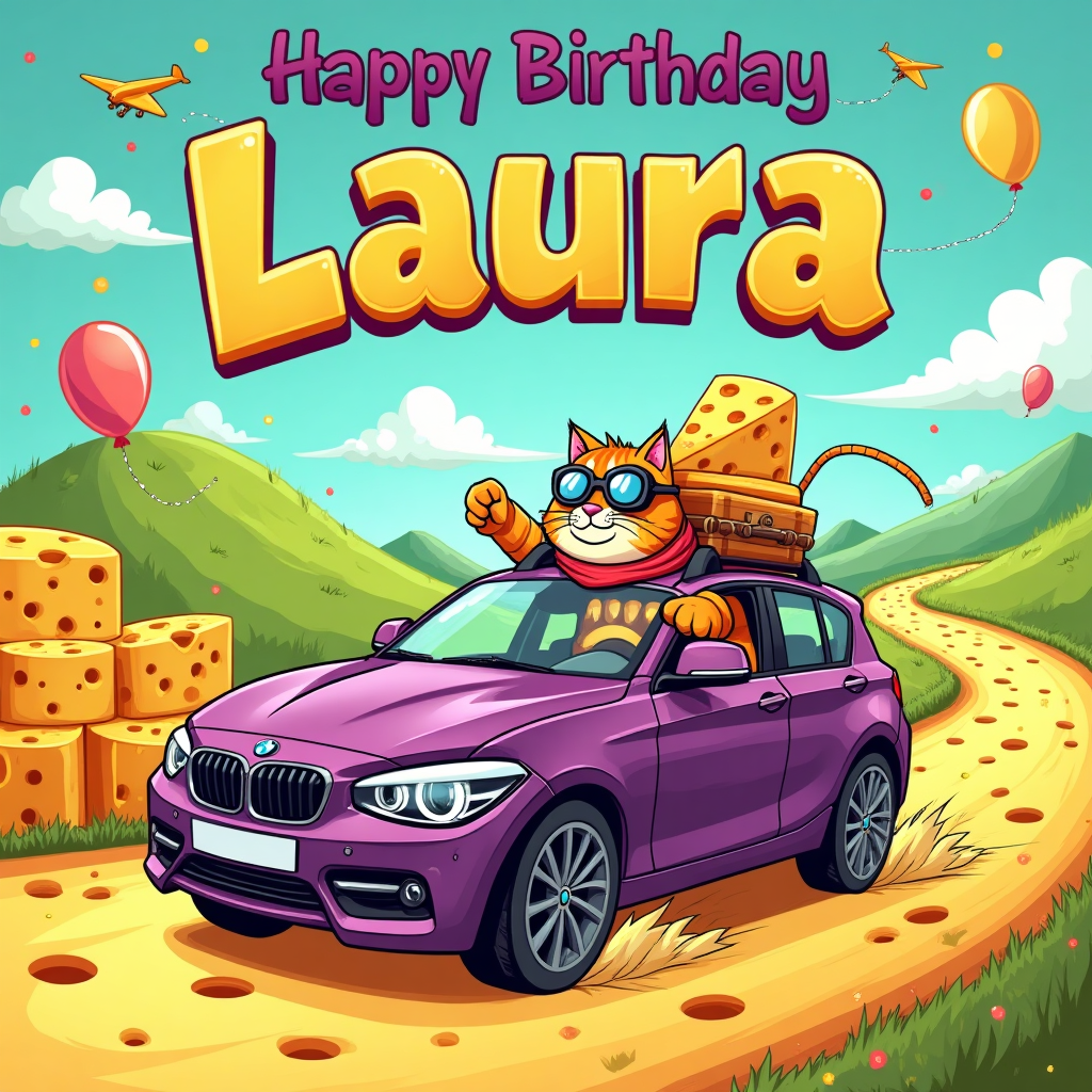 At the top of the Cartoon Style image, "Happy Birthday Laura"

Playful Cartoon Style with exaggerated proportions, thick black outlines, and bright saturated colors. Center the scene on a shiny purple BMW 120i hatchback, three-quarter view, zipping along a winding road made of Swiss-cheese-yellow asphalt dotted with big holes. The car is bouncy and slightly squashed for comedic energy, glossy highlights glinting; big expressive headlights and animated motion lines; tire puffs shaped like tiny cheese crumbs.

Driving is a chonky, wide-eyed tabby cat with orange-brown stripes, aviator goggles, and a fluttering travel scarf. One paw grips the wheel, the other waves out the window while its tail loops playfully in the wind. A roof rack is stacked with whimsical “luggage”: giant cheese wedges and a round cheese wheel tied with string; playful paw-print travel stickers on the side. The background shows rolling hills that resemble stacked cheese wheels, a teal sky with puffy clouds, confetti streamers, floating balloons shaped like cheese slices and paw prints, and dotted travel-path lines with little paper planes swooping through the scene.

Color palette: rich purples/magentas for the car, cheddar yellows for cheese, teal/turquoise sky, lime greens in the distance. Cel-shaded, crisp vector-like finish with bold shadows.

Style the top text “Happy Birthday Laura” as big, bubbly cheese-yellow letters with a purple outline, slightly arched and shiny for readability.

At the bottom, a small cheeky caption in a playful font: “Say cheese and vroom!”
Generated with these themes: Cheese , Purple BMW 120i, Tabby cat , Travelling , , and .
Made with ❤️ by AI.