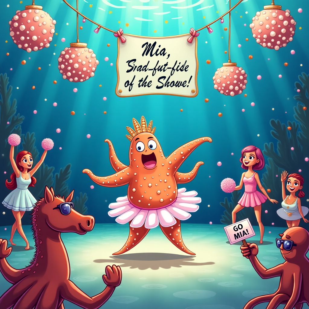 **Prompt:**

At the top of the illustration image: *“Mia, You’re Officially the Starfish of the Show!”*

A hilariously graceful cartoon starfish wearing a sparkling tutu and a seashell tiara is center stage on an underwater “sea-lebrity” dance floor. Around her, sea creatures—like jellyfish with pom-poms, crab backup dancers in leotards, and a dramatically clapping octopus in sunglasses—are mid-routine. Confetti-shaped coral and pearl disco balls hang above, with a sign that reads "Under-the-Sea Brava!". One amazed seahorse in the front row holds up a foam finger that says "GO MIA!". The mood is fabulously celebratory and over-the-top aquatic glamour.
Generated with these themes: Sea, Dancer, and Star.
Made with ❤️ by AI.