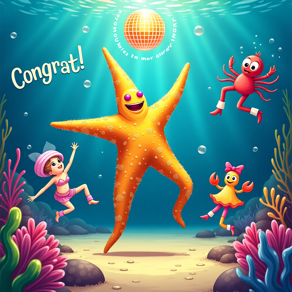 At the top of the illustration image: "Mia, You’re a Real Starfish in the Dance Ocean!"

A flamboyant underwater scene with a sassy, glitter-covered starfish striking a dramatic dance pose under a disco ball made from a pearl inside an oyster shell. Around her, other sea creatures (a jellyfish doing the splits, a crab moonwalking, a squid in leg warmers mid-leap) cheer and groove on a coral stage with “Congrats!” spelled out in seaweed above them. The whole scene bubbles with underwater fabulosity and salty celebration vibes!
Generated with these themes: Sea, Dancer, and Star.
Made with ❤️ by AI.