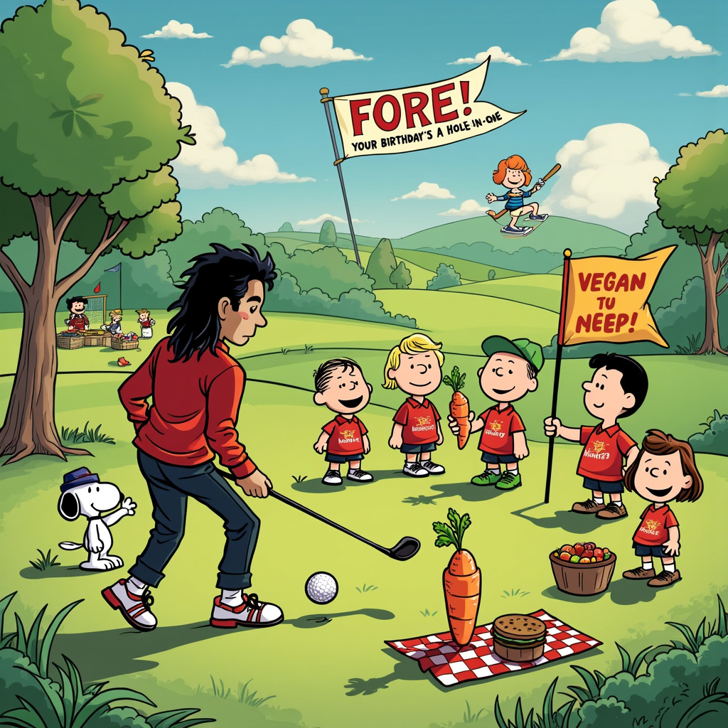 Sure, here's a detailed description for the birthday greetings card scene:

The scene unfolds on a vibrant, sunny golf course, with rolling green hills and a bright blue sky punctuated by fluffy white clouds. In the foreground, we see Michael Jackson dressed in his iconic "Thriller" outfit but with a playful twist – his golf shoes are bedazzled, and he's holding a glittery golf club. He's mid-moonwalk, about to hit a golf ball that’s perched on a vegan cupcake instead of a traditional golf tee. 

To the right of Michael Jackson, a group of Manchester United players is having a jovial time. They are wearing their classic red jerseys but with "Vegan United" printed on them. One of the players, holding a golf club, is Wayne Rooney, who is humorously struggling to balance a gigantic carrot on the club as if it were a golf ball. Another player, Marcus Rashford, is laughing while holding a tray of plant-based burgers.

In the background, a Manchester United banner flutters in the breeze, hung between two trees. Among the spectators, we see Peanuts characters like Charlie Brown and Snoopy, both donning mini Manchester United scarves. Snoopy is particularly animated, dancing a moonwalk of his own.

Nearby, a cartoon version of Osamu Tezuka's Astro Boy is energetically flying through the air, holding a vegan flag with a smiling vegetable motif. Tintin and Snowy are also present, with Tintin sketching the scene in his notebook and Snowy wagging his tail happily.

On the far left, Bill Watterson’s Calvin and Hobbes are busy setting up a vegan picnic, complete with a checkered blanket, baskets of fruits, and a sign that reads "Happy Birthday!" in big, playful letters. Calvin is wearing a Manchester United cap while Hobbes is humorously trying to fit into a Michael Jackson-style red jacket.

Above the whole scene, a banner in comic book-style lettering says "FORE! Your Birthday's a Hole-in-One!"

Every element is vivid and full of character, blending the iconic styles of these artists into a single, whimsical celebration.
Generated with these themes: Michael Jackson , Manchester United , Vegan, and  golf .
Made with ❤️ by AI.