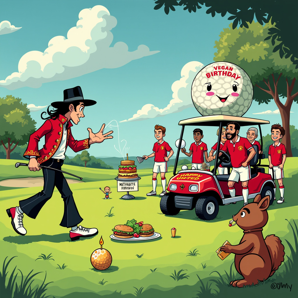Picture a bustling golf course under a bright, sunny sky, where the grass is a vivid green, almost cartoonishly so. To the left, we see a cartoon Michael Jackson mid-Moonwalk, wearing his iconic red jacket, black fedora, and sequined glove. He’s holding a golf club in one hand, and a golf ball is magically hovering in front of him, glowing with a magical aura as if he’s about to Moonwalk it right into the hole.

To the right, we have a group of Manchester United players in their classic red and white kits, but they’re not playing soccer. Instead, they’re enthusiastically gathered around a vegan barbecue grill. Wayne Rooney is flipping veggie burgers with an oversized spatula, while David Beckham is skillfully arranging colorful skewers of vegetables. A small banner hanging from the grill reads, “Happy Vegan Birthday!”

In the background, we see a giant, anthropomorphic golf ball, with googly eyes and a wide smile, sitting atop a golf cart adorned with Manchester United and vegan stickers. It’s holding a tiny birthday cake with one lit candle, ready to surprise the birthday person. 

On the ground near Michael Jackson’s feet, Calvin and Hobbes style, there’s a mischievous cartoon squirrel with a Manchester United scarf, cheekily nibbling on a piece of lettuce, adding a touch of Bill Watterson’s whimsy to the scene.

Adding an extra layer of humor, there’s a Far Side-inspired moment: a confused golfer in the background scratching his head as he tries to hit a golf ball that’s actually a cleverly disguised tofu block.

Every element is bursting with color and detail, and the scene is a joyful mashup of all the themes, creating a lively, dynamic, and humorously chaotic birthday greeting.
Generated with these themes: Michael Jackson , Manchester United , Vegan, and  golf .
Made with ❤️ by AI.