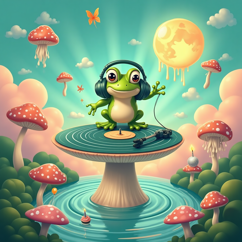 At the top of the Surreal Style image, Is it rave day ? in playful, bubbly hand-lettering with a mint-to-bubblegum gradient and a soft neon glow, small and airy

A dreamlike, Dali-inspired, cute surreal scene: a wide-eyed, chubby green frog DJ stands center-stage atop a gigantic toadstool turntable. The mushroom cap is a glossy vinyl record that gently melts over the gills like a dripping clock, its grooves flowing into a rippling mirror-puddle below. The frog wears oversized lily-pad headphones; the coiled cable is a living vine that sprouts tiny glowing caps. Equalizer bars radiate from the mushroom’s gills as bioluminescent stripes. Surrounding the stage, whimsical mushrooms double as speakers, their spotted caps puffing glittery “sporefetti” into the pastel air. A tiny birthday candle flickers on a mini mushroom-cupcake near the mixer; balloon-like mushrooms float upward, tethered by mycelium strings. The moon is a silver disco ball slowly melting into a ribbon of light across cotton-candy clouds. Notes flutter like butterfly-koi above lily-pad records that drift in concentric sound-wave rings. Color palette: mint, lime, sky blue, lavender, peach, with warm golden volumetric rays and soft bloom for an ethereal glow. Cute expressions, soft rounded shapes, painterly textures, high detail, portrait orientation, generous negative space near the top for the caption, dreamy and celebratory.
Generated with these themes: Frog , Mushroom , Dj , and .
Made with ❤️ by AI.
