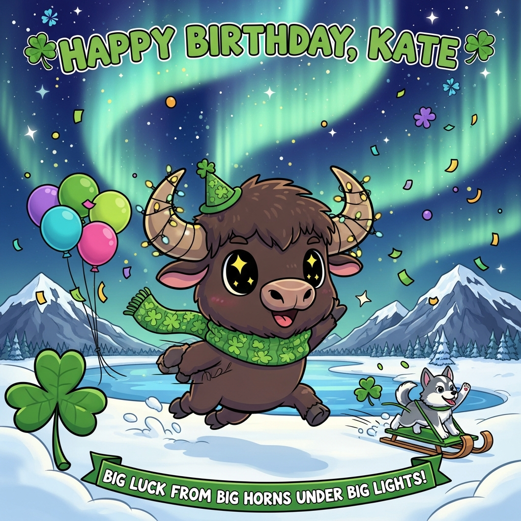 At the top of the Cartoon Style image, Happy Birthday, Kate!

Playful, cute cartoon scene in Alaska: beneath a vivid aurora borealis of neon greens, teals, and purples swirling into soft shamrock shapes, an adorable chibi buffalo (oversized head, tiny legs, big sparkling eyes, thick bold outlines) leaps joyfully through powdery snow. The buffalo wears a shamrock-patterned knit scarf and a tiny tilted shamrock party hat; its curved horns are wrapped with twinkly fairy lights. In the background, majestic snow-capped Alaskan mountains and a frozen lake subtly shaped like a shamrock reflect the glowing sky. Shamrock-shaped balloons bob in the breeze, confetti and glittering snowflakes drift around, and a small husky pup zooms past on a shamrock-leaf sled, cheering. Bright saturated colors, chunky outlines, soft plush shading, whimsical motion lines, and energetic, bouncy poses throughout. Render the top text in chunky, bubbly balloon letters with shamrock flourishes.

Place a small curved ribbon at the bottom with the cheeky line: “Big luck from big horns under big lights!”
Generated with these themes: Shamrock, Buffalo , Alaska, and .
Made with ❤️ by AI.
