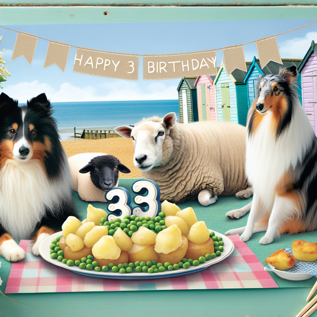 Create a picture set on the picturesque English coastline. Show a black and white cat relaxing next to a sheep and a collie. They're all eyeing a peculiar birthday feast composed of potatoes and peas that has been beautifully laid out on a seaside blanket. A pastel-colored huts are in the background, and a banner displaying the number '33' hangs between them, giving this quaint and charming birthday picture a personal touch.
Generated with these themes: Black & white cat, sheep, collie, potatoes and peas, England seaside, “33“.
Made with ❤️ by AI.