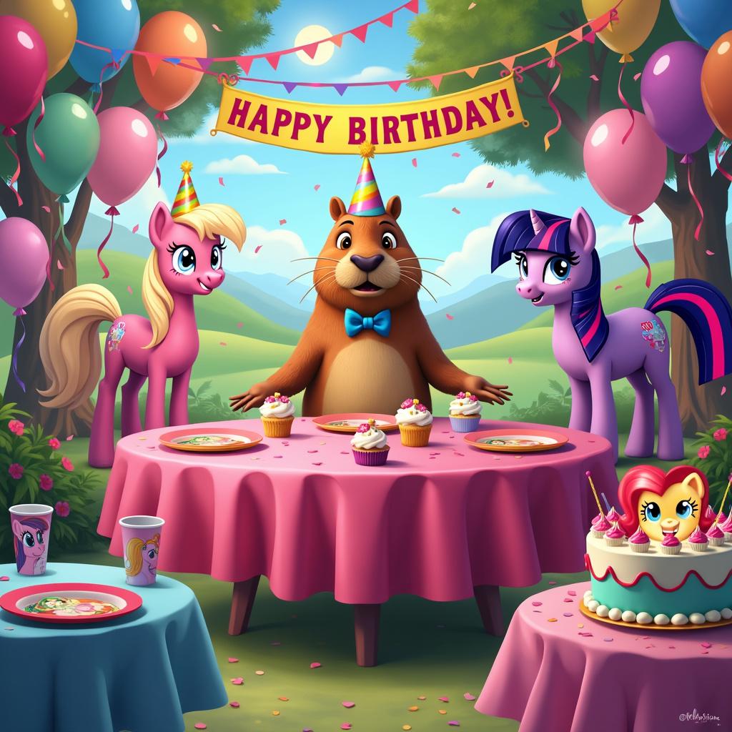 A vibrant, cartoonish birthday scene bustling with activity and adorned with colorful balloons, streamers, and confetti. Center stage, a large, round table covered in a glossy, bright pink tablecloth is set with plates and cups that have a picture of a capybara wearing a party hat. A centerpiece features a 3D My Little Pony figure surrounded by cupcakes with rainbow frosting. Overhead, a banner proclaims 'Happy Birthday!' in bold, playful letters. To the side, a life-sized cutout of a capybara stands wearing a blue bowtie, amidst a group of My Little Pony characters, like Twilight Sparkle and Pinkie Pie, illustrated with comically oversized birthday hats. The background shows a cartoonish landscape with green, rolling hills and a clear blue sky with the sun smiling down on the scene. In the foreground, a cake with an edible image of a capybara and My Little Pony hugging takes prominence on a separate small table with sky-blue tulle skirting.
Generated with these themes: Capybara, and My little pony .
Made with ❤️ by AI.