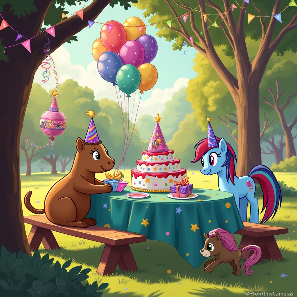 The scene unfolds in an outdoor park setting illustrated in a bright and vibrant cartoon style. At the center, a picnic table is draped with a teal tablecloth sprinkled with illustrations of capybaras donning festive party hats. My Little Pony characters like Rainbow Dash and Fluttershy are rendered in a merry-go-round fashion on top of a large, whimsical birthday cake placed in the middle of the table. Multicolored streamers drape from tree to tree, occasionally intertwining with strings of pastel fairy lights. Beside the table, a giant inflatable capybara anchors a bouquet of helium balloons shaped like stars and the iconic My Little Pony silhouettes. Each balloon reflects the sunlight, creating a shimmering effect across the scene. Paper plates and napkins feature printed scenes of capybaras and My Little Pony characters sharing gifts. Against the backdrop, a pinata in the shape of a capybara wearing a sparkly party hat is suspended from a low-hanging tree branch, awaiting the festive fun.
Generated with these themes: Capybara, and My little pony .
Made with ❤️ by AI.