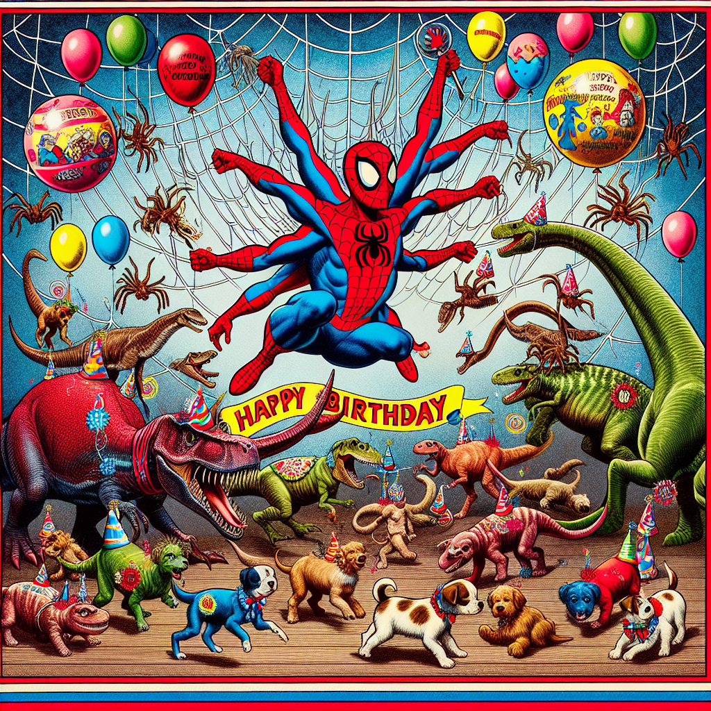 The birthday diagram portrays an exuberant gathering of a red and blue crimefighting superhero resembling a spider and his jovial allies, interacting with delightful dinosaurs and frisky puppies. The background brandishes a celebratory color scheme, with intricate arachnid silk patterns adorning the corners. The dinosaurs are depicted in an amiable, benign cartoon style, some clad in festive headgear, while puppies gallivant among them adorned with joyous birthday neckwear. Aloft, balloons ascend into the atmosphere, one molded like the mask of the spider-themed superhero, others like minuscule dinosaur footprints and endearing puppy paws.
Generated with these themes: Spidey and his amazing friends, Dinosaurs, and Puppies.
Made with ❤️ by AI.