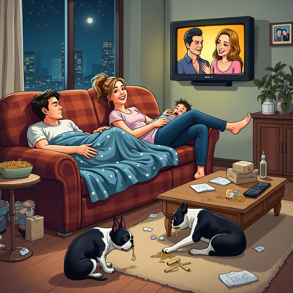 Imagine a cozy living room filled with the charming chaos of new parenthood. In the center of the scene is a big, comfy, slightly worn-out sofa, upholstered in a warm plaid pattern. Slumped on one end of the sofa is a young dad, who has fallen into a deep, exhausted nap. His legs are sprawled out and one arm dangles off the side, still clutching the remote control. At the other end of the sofa, nestled snugly in the crook of the mom’s arm, is a tiny, adorable baby boy swaddled in a blue blanket decorated with little white stars. The mom, equally exhausted but still awake, has her feet propped up on the coffee table. She’s balancing a takeaway box of noodles on her knee, and a stray noodle dangles from her mouth. 

On the floor beside the sofa is a Boston Terrier, with one ear perked up and an inquisitive look on its face. The dog is curiously sniffing at an overturned takeaway container that has spilled its contents – a mix of chow mein and spring rolls – onto the carpet. The Boston Terrier’s other ear is flopped over, adding to its endearing look. 

The coffee table is cluttered with the remnants of a chaotic meal: takeaway boxes, crumpled napkins, a couple of baby bottles, and a scattering of TV remotes. Behind the sofa, a wall-mounted TV is displaying a colorful, slightly over-the-top reality TV show, complete with exaggerated expressions and dramatic poses. The show’s title, “Real Housewives of Babyland,” is visible on the screen.

Scattered around the room are various baby paraphernalia: a baby bottle half-hidden under the sofa, a plush teddy bear wearing a tiny crown (a nod to the baby being the new “king” of the household), and a pile of baby clothes in need of folding. There’s a framed photo on the side table showing the new family, including the Boston Terrier, all looking much more put together. 

In the background, a window shows a nighttime cityscape, hinting at the late hour. A single star shines brightly, adding a touch of whimsical magic to the scene.

This detailed and lively tableau captures the beautiful, messy reality of welcoming a new baby boy into the home, blending the influences of Schulz’s heartfelt characters, Watterson’s dynamic compositions, and the humorous, detailed clutter found in Larson’s Far Side comics.
Generated with these themes: Baby boy , Boston terrier, Takeaway, Sofa naps, and Reality tv.
Made with ❤️ by AI.