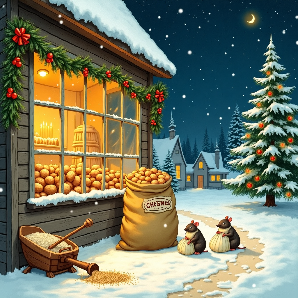 On the cover of the Christmas greeting card, we find ourselves in a quaint, rustic bakery nestled within a snow-dusted village, reminiscent of a Norman Rockwell scene with a touch of Arthur Rackham’s enchanting detail. The bakery’s large window glows warmly against the twilight, framed by a garland of holly and twinkling lights. Through the glass, a cozy interior is revealed, showcasing a whimsical roll stand crafted to resemble an ancient wheat sheaf—an homage to Maurice Sendak’s playful yet intricate designs. The stand is artfully adorned with rolls that appear like little golden bales, their flour-dusted surfaces sparkling under the soft glow of candlelight, casting delicate shadows reminiscent of Beardsley's illustrative linework.

At the forefront, a sack of wheat flour is prominently displayed, its coarse texture and rustic branding reminiscent of an Edward Gorey illustration. The sack is slightly open, with a wooden scoop resting beside it, its handle ornately carved in the style of Beatrix Potter’s charming woodland carvings. This scoop has scattered a gentle trail of flour snow leading to the roll stand, where a small group of whimsical, anthropomorphized mice (a nod to Quentin Blake's lively characters) are industriously carrying tiny sacks of wheat, contributing to the bustle of holiday preparation.

In the backdrop, a tall, frosted pine tree stands sentinel near the shop, adorned with handmade decorations crafted from wheat stalks, echoing Maxfield Parrish’s vibrant yet serene compositions. Overhead, a starry night sky, inspired by Gustave Doré's celestial illustrations, blankets the scene, with a crescent moon peeking through, casting a gentle luminescence over the tableau. The juxtaposition of elements—from the intricate roll stand to the charming animal helpers—tells a story of warmth, tradition, and the simple joys of Christmas preparations, inviting the viewer into this enchanted, flour-dusted world.
Generated with these themes: Wheat, Wheat flour, and Roll stand .
Made with ❤️ by AI.