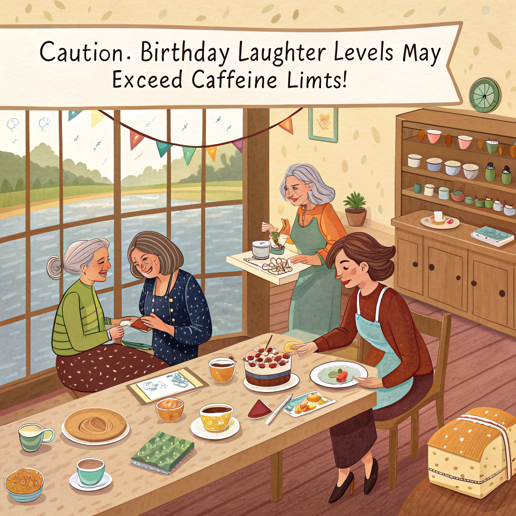 At the top of the image, "Caution: Birthday laughter levels may exceed caffeine limits!"

- Depict a sunlit, cozy craft room bustling with middle-aged women gathered around tables, each happily working on handmade paper birthday cards.  
- The warm golden sunlight filters through windows that frame a picturesque view of a sparkling little lake with ducks drifting past.  
- A long wooden side table is laden with inviting tea pots, ceramic mugs, cafetières, slices of Victoria sponge, fruit tarts, and buttery scones on tiered cake stands.  
- Some women are sipping tea and sharing recipes, others are chuckling at glittery card mishaps or humming along to upbeat retro tunes playing softly in the background.  
- There are hand-knitted cushions on mismatched chairs, bunting strung overhead, and a friendly dog napping by the French doors.  
- The whole room exudes the warmth of friendship, creativity, and joyful birthday vibes.
Generated with these themes: A sunny room filled with middle-aged women working together crafting paper cards, Tea and coffee and baked goods on a long side table, There is music playing, and laughter and chatter in the room, and The room is cozy with views outside to a little lake.
Made with ❤️ by AI.
