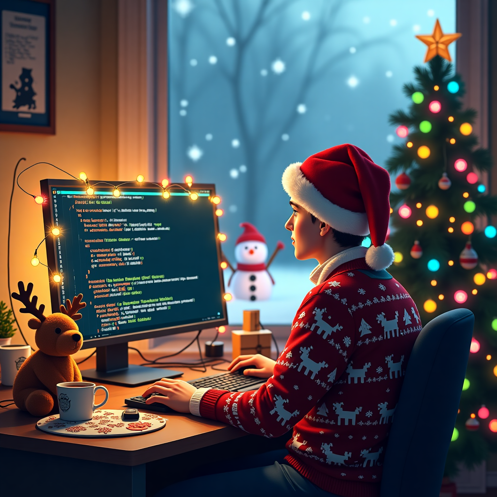 In the foreground of the Christmas card, a computer programmer sits at a cluttered desk in a cozy, warmly lit room, their back facing the viewer. The programmer is wearing an oversized Santa hat that slips over one eye, and they are adorned in an ugly Christmas sweater covered in pixelated reindeer and snowflakes. A series of colorful Christmas lights are haphazardly taped to the edges of the computer monitor, casting a playful glow on the room. The screen displays lines of festive code, with humorous snippets like "if (snowman == melted) { raiseEggnog(); }" and "for (present : wishlist) { deliver(); }." 

Beside the monitor, a small plush reindeer is perched, with a bright red nose that's clearly been customized to light up whenever the computer pings. Strewn across the desk are tangled wires, a half-eaten gingerbread cookie, a mug of steaming cocoa with mini marshmallows, and a Christmas-themed mouse pad depicting Santa riding a sleigh made of circuit boards. 

In the background, a decorated Christmas tree can be seen through a frosty window. The tree is festooned with ornaments resembling binary code, and the star at the top is made of intricately folded origami paper. A cat, wearing a tiny elf costume, is playfully batting at the tree ornaments, adding to the chaos. Outside, fluffy snowflakes fall gently, and a snowman is visible, its carrot nose replaced with a USB stick. The scene perfectly captures the whimsical intersection of technology and holiday cheer, making it an unforgettable Christmas greeting card.
Generated with these themes: Computer Programmer.
Made with ❤️ by AI.