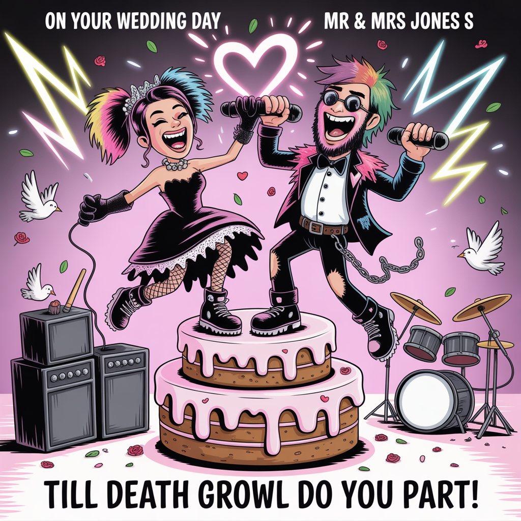 Greebo bride and groom, Screamo music, and Wedding Card