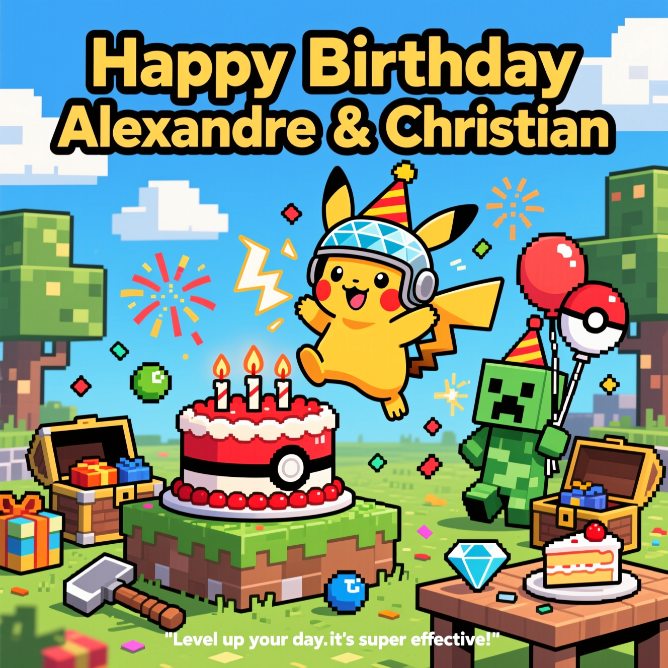 At the top of the Cartoon Style image, "Happy Birthday Alexandre & Christian"

Playful, funny cartoon scene with thick black outlines, bright saturated colors, and exaggerated chibi proportions. In a sunny Minecraft world with square clouds and blocky trees, a giant Poké Ball birthday cake sits on a grassy block pedestal, topped with redstone torch candles. Front and center, a chunky, blocky Pikachu in a diamond helmet and party hat leaps midair, cheeks crackling as it zaps the candles alight with a cute Thunderbolt. Beside the cake, a friendly, wide-eyed Creeper in a party hat clutches Poké Ball balloons, comically flinching as harmless sparks tickle it. Pixel confetti, XP orbs, and square fireworks burst around them; an open chest spills cube-wrapped presents; a diamond pickaxe and a slice of cake rest on a crafting table. Energetic, whimsical poses, bouncy cel shading, punchy contrasts, and a joyful, comedic vibe.

Typography for the top text: chunky, playful bubble letters with a pixel-edge outline; bright fill and a subtle shadow for legibility against the sky.

At the bottom in a small, cheeky caption: "Level up your day—it's super effective!"
Generated with these themes: Minecraft pokemon, and .
Made with ❤️ by AI.