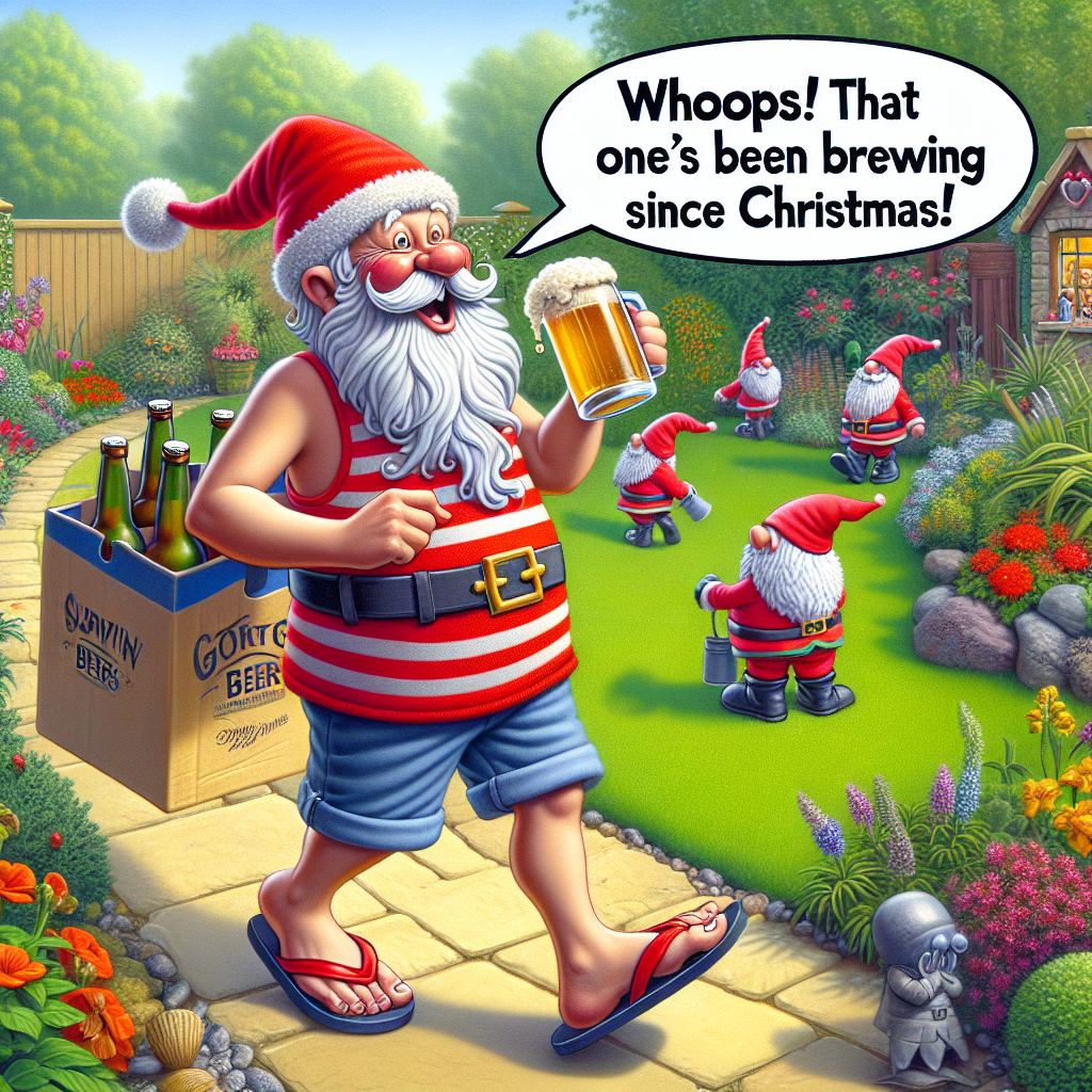 Daddy Claus, who looks like Father Christmas but is 'daddy-fied' and appears on Fathers Day, is delivering beer to a house , and Daddy Claus visibly farts and says something funny about it Fathers-day Card