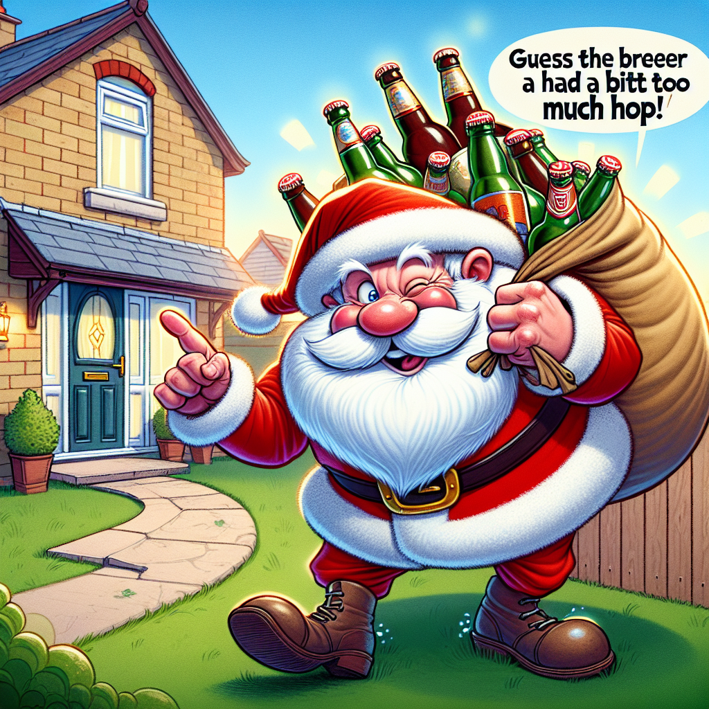 In this amusing illustration, a jovial character similar to Santa Claus, clad in a Father's Day-themed red and white suit, is carefully advancing towards a typical suburban house. A gleeful spark twinkles in his eyes. In his sturdy arms, he balances a bag brimming with a variety of chilled, foamy beer bottles intended for the festivities. Just as he approaches the front door, he pauses as a comical 'toot' erupts from him. He grins, winks towards the viewers, and humorously remarks, 'Guess the beverages had a bit too much hop!', inciting the surrounding summer wildlife into mirthful chuckling.
Generated with these themes: Daddy Claus, who looks like Father Christmas but is 'daddy-fied' and appears on Fathers Day, is delivering beer to a house , and Daddy Claus visibly farts and says something funny about it.
Made with ❤️ by AI.