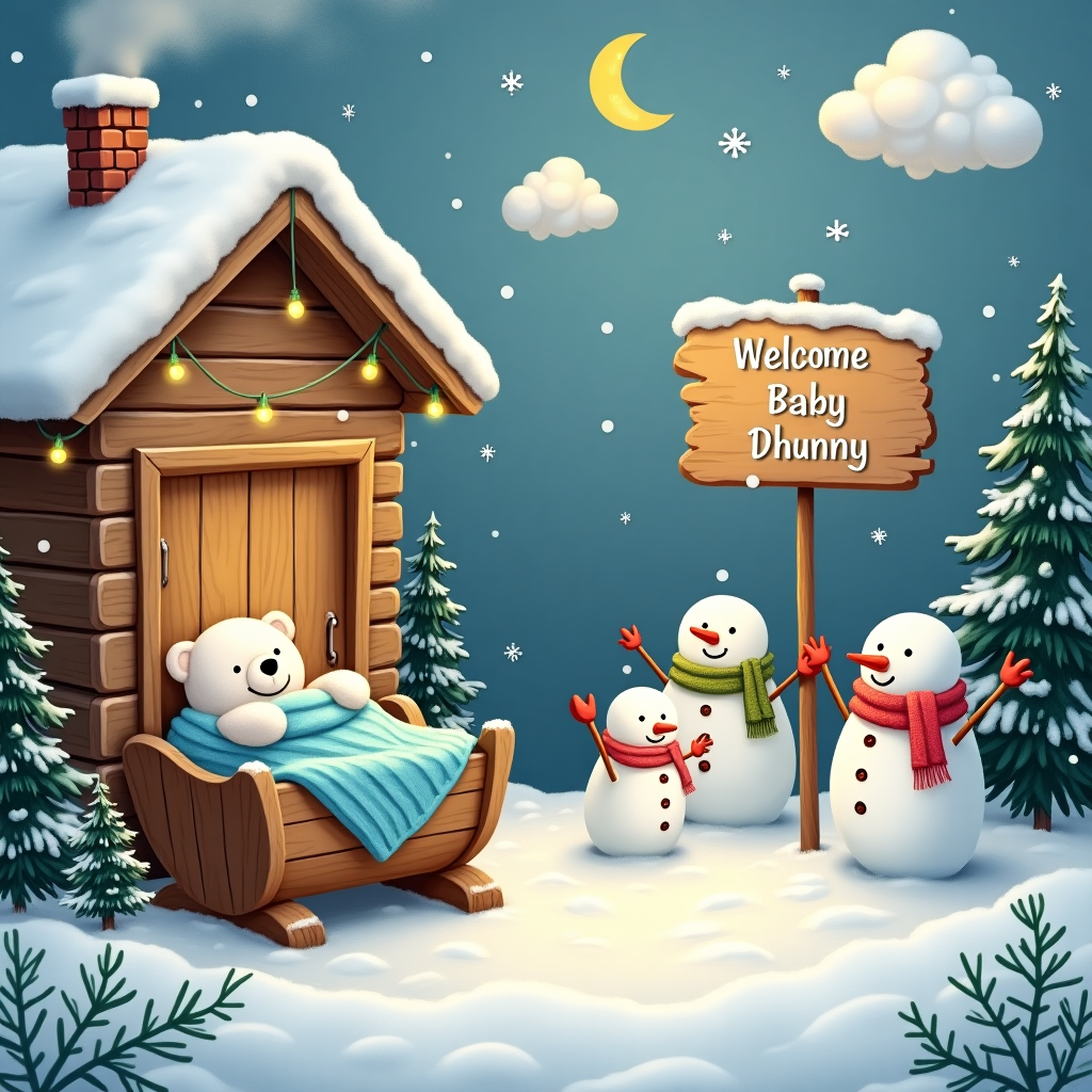 In a charming snow-draped village, nestled amidst pine trees dusted with glistening snowflakes, sits a cozy wooden cabin with smoke curling lazily from its chimney. The foreground features a quaint wooden cradle carved from rustic oak, nestled on the cabin's snow-blanketed porch. Inside the cradle, a fluffy polar bear cub stuffed toy is gently wrapped in a soft, knitted pastel blue blanket, symbolizing warmth and protection for the new arrival. Hanging from the porch’s eaves are twinkling fairy lights that cast a gentle glow on the scene. A family of cheerful snowmen stands nearby, each wearing a different colored scarf, their stick arms joyously pointing toward a hand-painted wooden sign staked into the snow, which proudly reads "Welcome Baby Dhunny" in bright, colorful letters. Above, the sky is a serene shade of winter dusk, dotted with twinkling stars and a crescent moon peeking through a whimsical scattering of clouds shaped like fluffy sheep. In one of these clouds, the name "Baby Dhunny" is subtly inscribed, as if softly whispered by the winter breeze, adding a magical touch to this enchanting winter welcome.
Generated with these themes: Winter .
Made with ❤️ by AI.