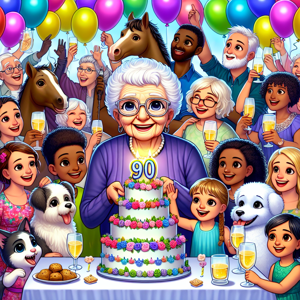 Imagine a lively, animated scene of a 90th birthday celebration for a beloved grandma. Her appearance is characterized by her short, curly white hair, petite eyes and a gentle smile. There are no glasses on her face. Her family members, of various ages, genders and descents like Hispanic, Black, Caucasian, Middle-Eastern and South Asian, are jovially engaged in conversations amidst a sea of vibrantly colored balloons. The centerpiece of their gathering is a large, splendid birthday cake, festooned with the glow of 90 candles. Her adored pets, including cartoon-styled cats, dogs, rabbits, a majestic horse, merry birds, and friendly sheep, participate in the celebration. Completing the picture are glasses of sherry being raised in honor of the grandma's special day.
Generated with these themes: Grandma, short curly white hair, no glasses, small eyes, nice smile, 90th birthday cake, Sherry, Celebrate, balloons, Lots of family, Cat, dogs, rabbits, horse, birds, sheep, and Busy.
Made with ❤️ by AI.
