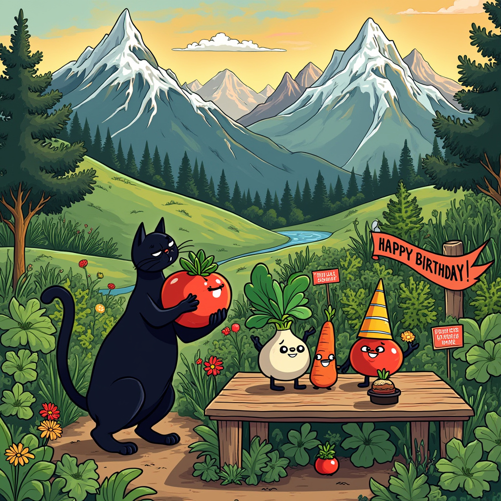 In a whimsical birthday card illustration, we find ourselves in a vibrant allotment nestled between towering, jagged mountains that seem to have been borrowed from the dreams of Winsor McCay. The mountains' snowy peaks contrast starkly with the lush, green abundance of the allotment below. At the heart of this charming garden, a sleek, mischievous black cat, reminiscent of a character from a Gary Larson cartoon, is playfully patting a tomato that has somehow managed to ripen into the shape of a gavel—an unexpected nod to social justice. Surrounding the feline, there's a variety of vegetables and fruits animated with life, each with cartoonishly expressive faces; a carrot is mid-debate with a turnip, sporting little placards with messages like "Equal Rights for Roots" and "Veggies of the World, Unite!" In the background, a line of mountains form an accidental face of a wise old sage, peering down benevolently over the scene, their 'eyes' formed by patches of forest, and 'mouth' by a ribbon of clear river. Above, a vibrant sky painted with the color palette of a Hergé sunset hints at the end of a bountiful day, while in the foreground, the black cat is preparing to swipe a cupcake off a rustic wooden table set for a birthday celebration, complete with party hats and a "Happy Birthday to the Catalyst for Change!" banner flapping gently in the breeze. The whole scene is a bustling tapestry of nature, humor, and a nod to advocacy, all while maintaining a lighthearted charm that could easily have sprung from the playful imagination of Bill Watterson.
Generated with these themes: Black cat in allotment with mountainsss, and Social justice .
Made with ❤️ by AI.