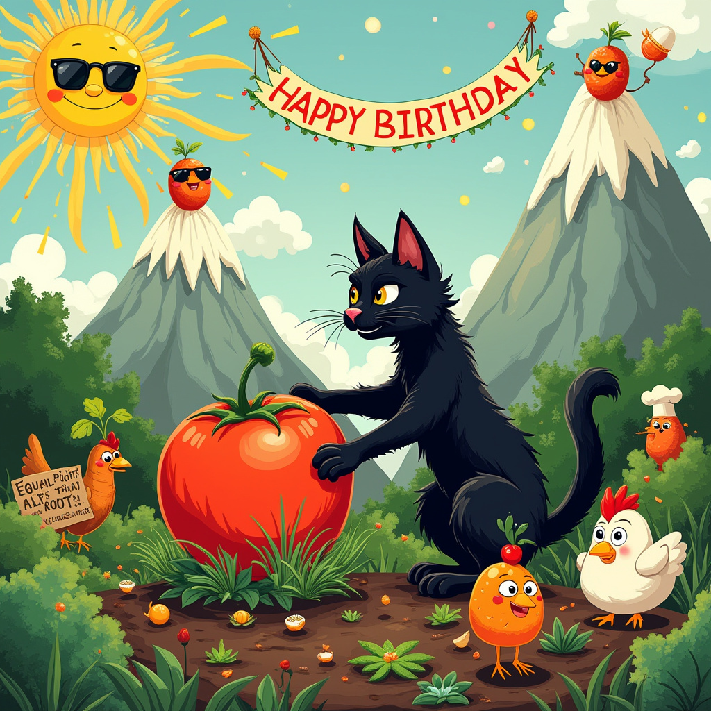 In the whimsical realm of birthday cheer, a curious black cat named Midnight is the protagonist, set in a quirky allotment nestled among cartoonish, exaggerated mountains that echo the surreal landscapes of Winsor McCay's dreams. Midnight, with her glossy fur gleaming under the playful sun, is seen playfully batting at a vibrant, oversized tomato that's almost as big as her, perched precariously on the edge of a well-tended vegetable patch. The allotment is a lively place, where vegetables and fruits have sprouted eyes and grinning faces, each engaged in their own antics reminiscent of Gary Larson’s humor. 

Behind Midnight, the mountains rise like towering guardians, each peak whimsically adorned with banners advocating for various social justice causes, like equality and kindness, painted in bold, colorful letters. These banners flap in the breeze, as if participating in a jubilant parade. In the sky, a friendly, cartoonish sun wears sunglasses and beams down rays of light that spell out "Happy Birthday" in curly, animated script, a nod to the playful style of Charles Schulz.

In the foreground, an eclectic group of anthropomorphic vegetables, including a particularly sassy carrot holding a protest sign that reads, "Equal Rights for All Roots!" join the scene, injecting humor and a subtle nod to social justice. Nearby, a chicken in a chef’s hat is hilariously attempting to balance an egg on its head, a comic mishap waiting to happen, echoing the slapstick charm of Walt Disney's early characters.

This delightful birthday scene is a tapestry of fun and whimsy, where every element, from the laughing lettuce to the sheepish-looking potato peeking out from behind Midnight, tells its own tiny tale, culminating in a card that invites laughter and thoughtful smiles.
Generated with these themes: Black cat in allotment with mountainsss, and Social justice .
Made with ❤️ by AI.