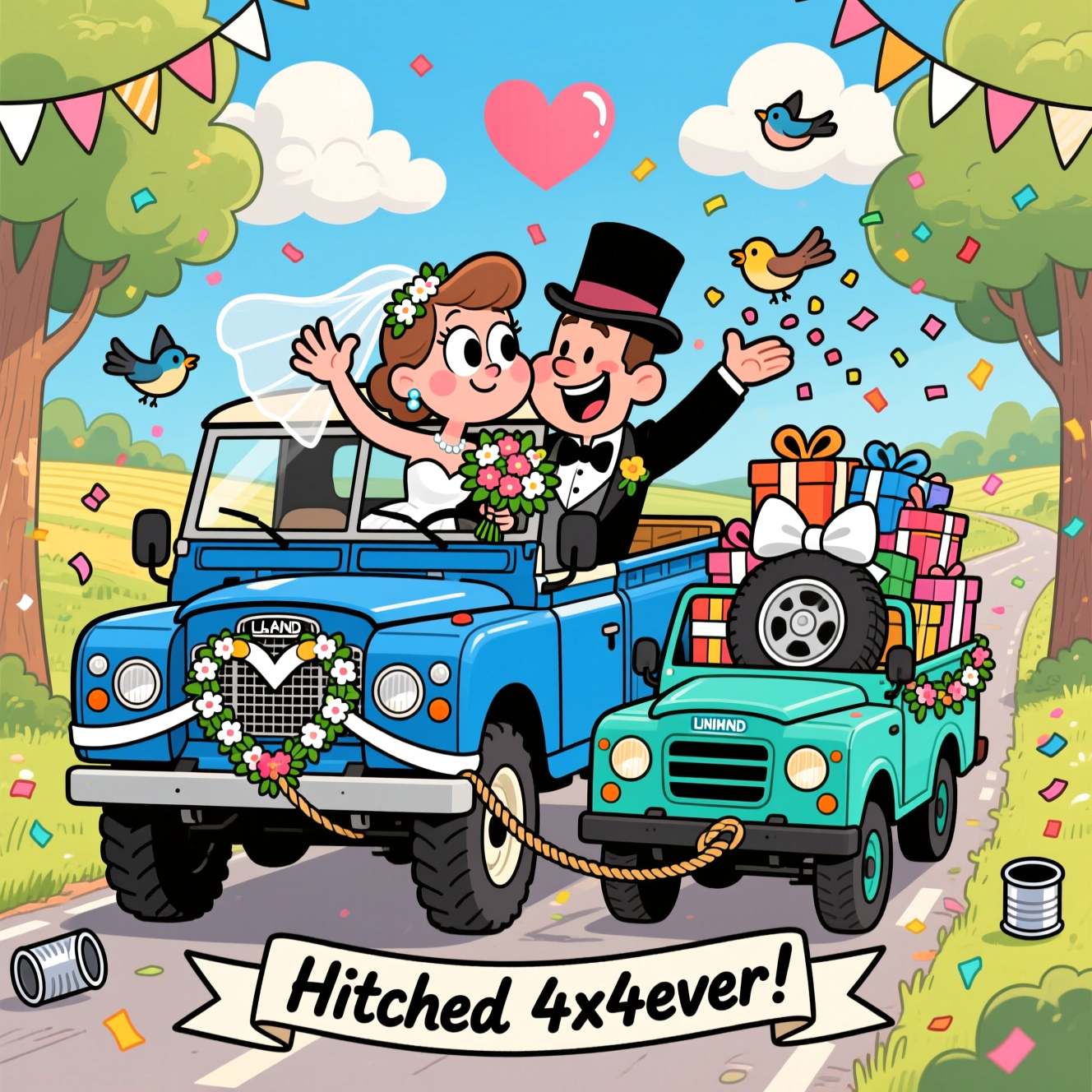 Blue Landrover series one pick up, Turquoise unimog, and Wedding Card