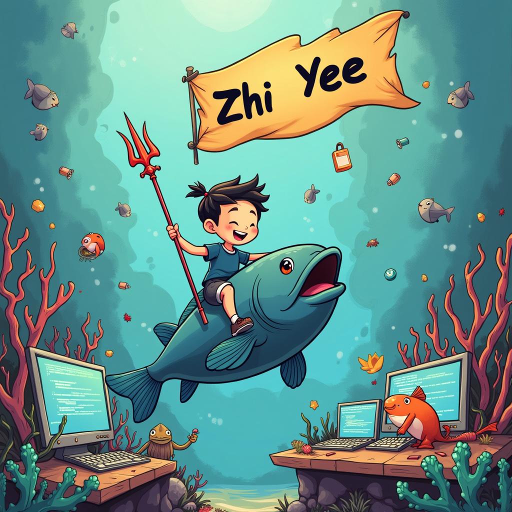 The second variation depicts a cartoon version of Zhi Yee joyfully riding on the back of a large, friendly fish through a sea of programming windows and code streams in a virtual environment. The name 'Zhi Yee' is prominently displayed on a floating banner that resembles a computer window with a user interface, complete with minimize, maximize, and close buttons. The scene is filled with details like corals composed of intricate circuits, starfish-shaped software icons, and sea urchins resembling tangled wires. Zhi Yee holds a trident representing a USB flash drive, symbolizing control and mastery over software engineering. In the background, humorous fish characters are depicted soldering hardware components and typing on coral keyboards, emphasizing the fusion of marine life and technology.
Generated with these themes: Fish, Computers, and Software engineering.
Made with ❤️ by AI.