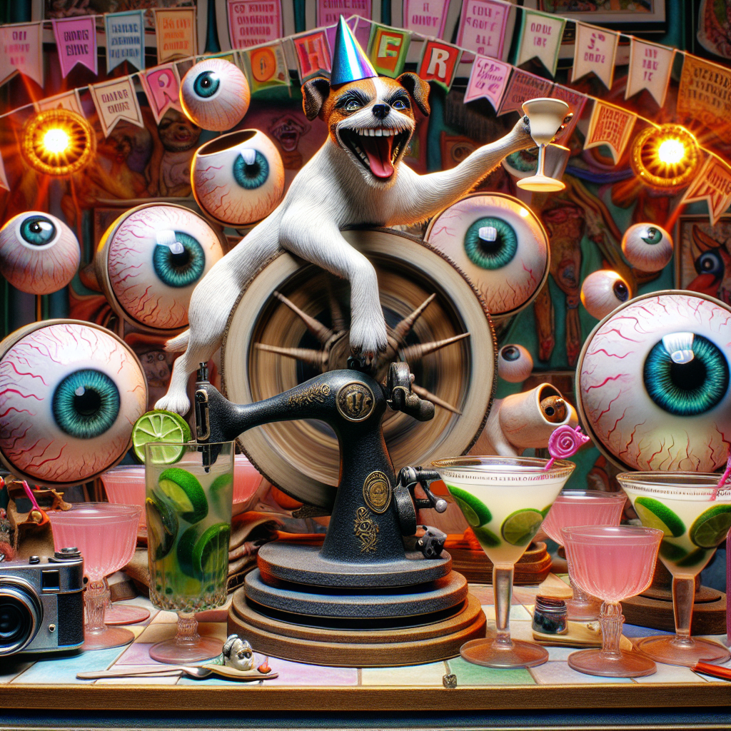 In the eccentric birthday tableau, a laughing Jack Russell maintains balance on a potter's wheel rotating at its nucleus, surrounded by glazed ceramic pieces artistically adorned with images of eyeballs. A miniature hat is perched on its head and it clutches a lime-infused mojito in one paw, while the other grips a retro camera, capturing snapshots of the ongoing revelry. A sewing machine embosses colorful banners with eye-catching unique phrases, and these decorations are gracefully hung in the backdrop. Glasses filled to the brim with pink-hued cosmopolitan cocktails gleam under the pulsating lights reminiscent of a 1980s discotheque. Adding a fantastical touch to the festivities, an unknown comic book character, donning a party hat, employs his metal alloy claws to slice through a cake positioned in the corner.
Generated with these themes: Jack Russell dog, Mojito, Potters wheel, Sewing machine, Eyeballs , Camera, Swear words, Cosmopolitan cocktail, 80s movies, and Wolverine.
Made with ❤️ by AI.