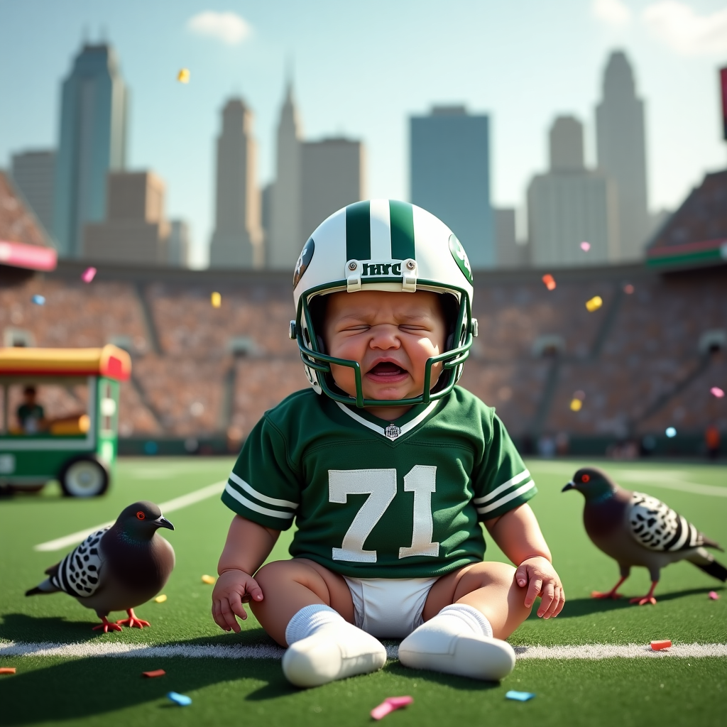 **Prompt:**  
A realistic, high-resolution photograph of a grumpy, wrinkly newborn baby dressed in a hilariously oversized New York Jets football uniform — the helmet sliding over one eye and the jersey pooling around their tiny body. The baby is sitting on a football field in the Bronx, with the Manhattan skyline in the distance and a hot dog vendor cart inexplicably on the sidelines. Confetti is falling, as if the baby just won the Super Bowl, and two pigeons in referee shirts argue nearby. The whole scene is playfully absurd yet charming — capturing the chaos, pride, and joy of welcoming a “true New Yorker” to the team.
Generated with these themes: Ugly, Football, and New yyork.
Made with ❤️ by AI.