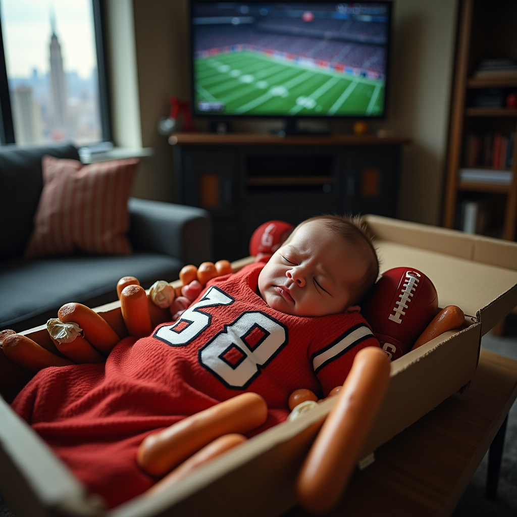 **Prompt:**  
A realistic photograph of a hilariously grumpy newborn baby swaddled in an oversized, old-school, ugly New York football jersey—complete with drool stains and shoulder pads way too big. The baby is lying in a makeshift crib fashioned out of a pizza box, surrounded by tiny foam fingers, hot dog wrappers, and a miniature football helmet sliding off their tiny head. The setting is a cluttered New York apartment living room with a view of the Empire State Building out the window, and a flat-screen TV in the background frozen on a sports game replay. Add dramatic lighting to give the whole scene a mock-serious, high-stakes vibe—like the baby just got drafted to the team of life and isn’t thrilled about it.
Generated with these themes: Ugly, Football, and New yyork.
Made with ❤️ by AI.