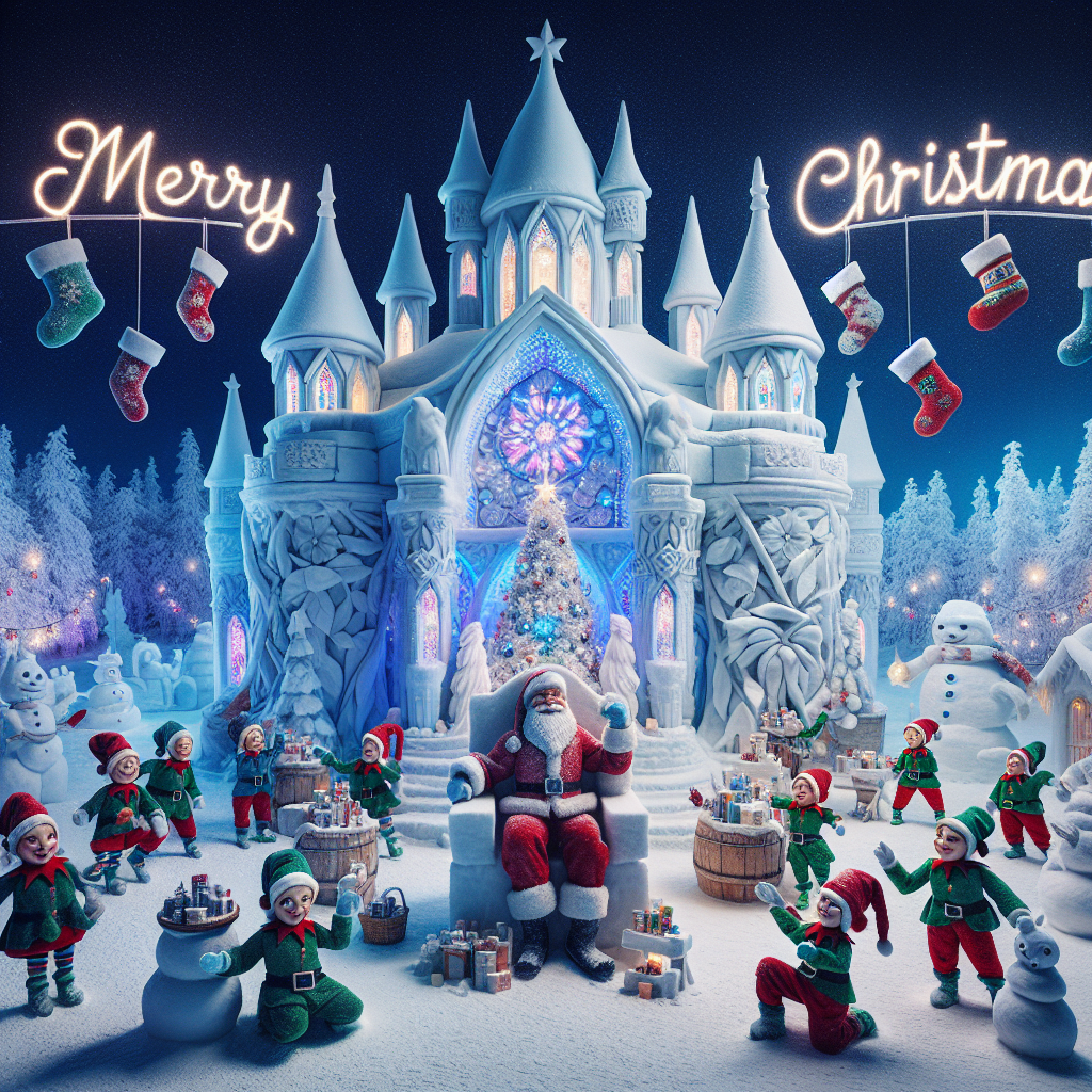 In a whimsical winter scene, a grandiose snow fort stands at the heart of a forest turned winter wonderland, with eleven stockings hung with care from the fort's icy walls. Elves dance merrily around Santa Claus, who is seated on a throne made of packed snow, overseeing his workshop in the open, surrounded by resplendent Christmas decor. A snowman outfitted in a scarf and top hat joins the celebration, while 'Merry Christmas' is written above in twinkling lights against the night sky.
Generated with these themes: winter wonderland/eleven stockings/santa/elves/santas workshop/christmas decorations/snowman/snow fort..
Made with ❤️ by AI.
