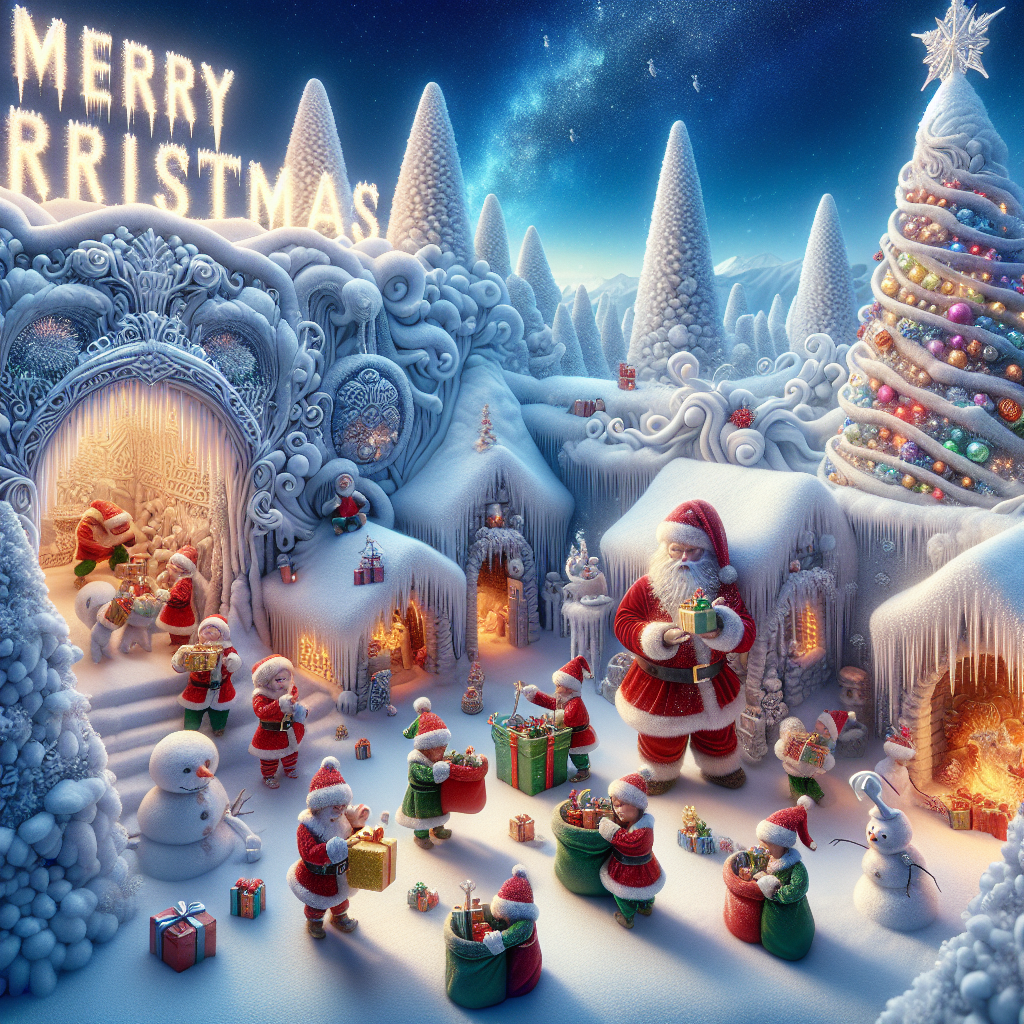 Winter wonderland/eleven stockings/santa/elves/santas workshop/christmas decorations/snowman/snow fort. Christmas Card