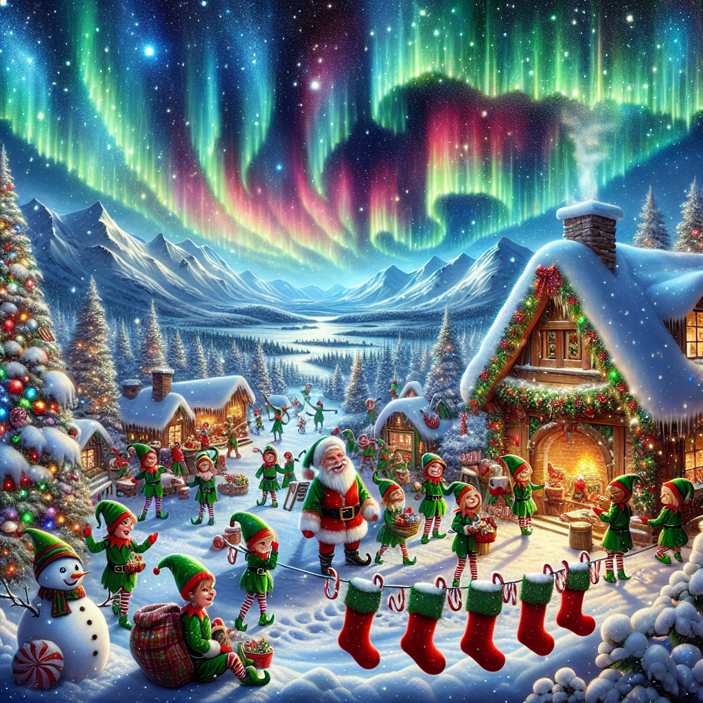 Imagine an ethereal Christmas setting where a snow-blanketed wonderland glimmers under a starry sky. In the center, a cozy Santa's workshop teems with elves; around it, eleven stockings sway from candy cane hooks alongside the frosted path. Santa supervises, his laughter mingling with the elves' carols. Nearby, a snowman adorned in tinsel stands guard by a sturdy snow fort. Above, the northern lights form the words 'Merry Christmas,' adding a touch of magic to the tableau.
Generated with these themes: winter wonderland/eleven stockings/santa/elves/santas workshop/christmas decorations/snowman/snow fort..
Made with ❤️ by AI.