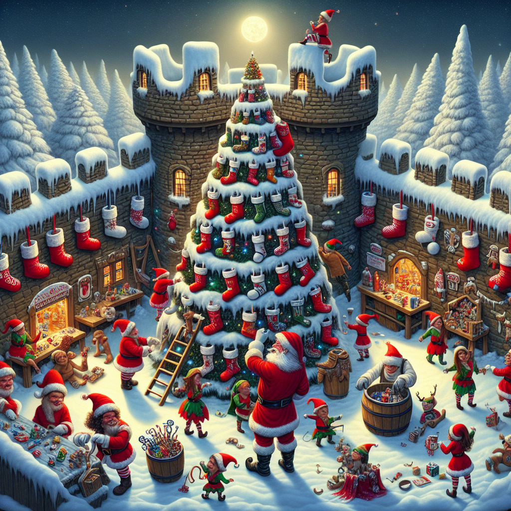 A dream-like Christmas scene unfolds in a snowy wonderland where a magnificent snow fort commands attention. Eleven unique stockings of varying sizes and patterns dangle from the snow-laden branches of a whimsically bent tree. Santa, in his classic red suit, leads a team of elves bustling about, putting finishing touches on toys inside a gingerbread-style workshop. Festive decorations sparkle around, and a jovial snowman waves a top hat beside the bold text 'Merry Christmas' etched into the frosty air.
Generated with these themes: winter wonderland/eleven stockings/santa/elves/santas workshop/christmas decorations/snowman/snow fort..
Made with ❤️ by AI.