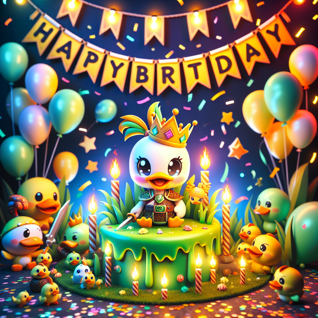 A delightful cartoon birthday setting illuminated with bright colors. It consists of lively balloons and confetti. In the middle of the layout, an enchanting duck dressed as a small warrior with a little warrior mask and a celebratory hat becomes the focal point. This lovable duck is situated on top of a bright green cake, encapsulated by tiny cartoon-style flames that resonate with the warrior theme. A banner hung above the scene pronounces 'Happy Birthday' in bold, warrior-inspired typography.
Generated with these themes: Ninjago duck.
Made with ❤️ by AI.