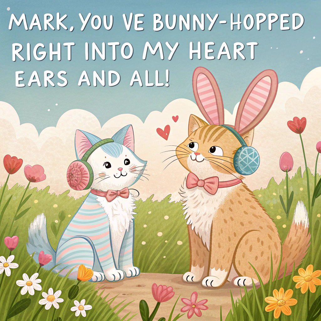 Put romantic message on it. Two cats in love wearing bunny ears for Easter. One cat is male, the other one is female. Show that these cats are really in love and romantic. Easter date. Easter Card
