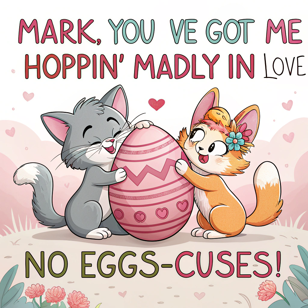 Put romantic message on it. Two cats in love wearing bunny ears for Easter. One cat is male, the other one is female. Show that these cats are really in love and romantic. Easter date. Easter Card