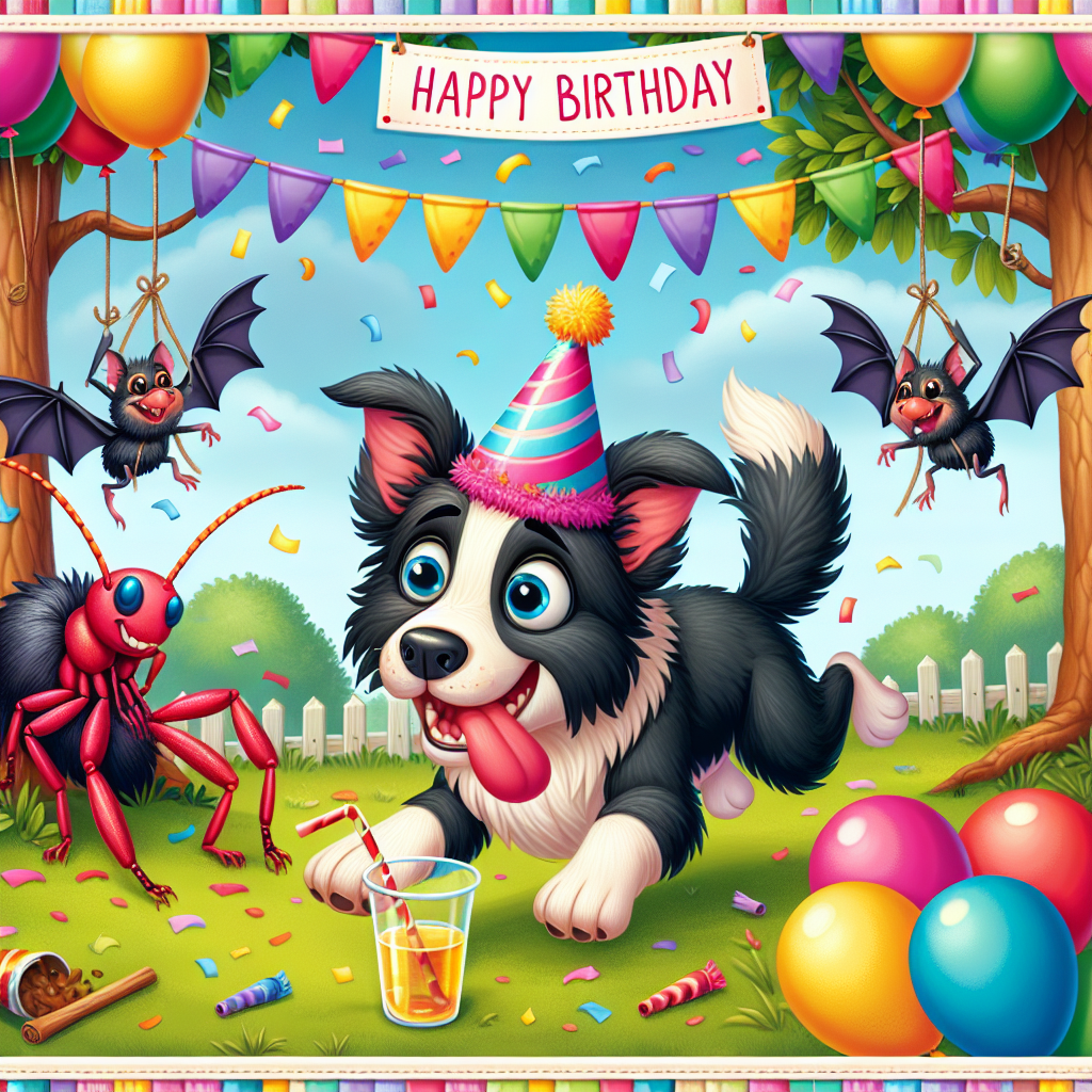 Create an adorable birthday-themed illustration showcasing a playful Border Collie wearing a party hat, joyfully chasing after a vibrantly coloured cricket. In the background, place friendly bats hanging upside down from a festive banner stretched between trees, sipping apple cider from minuscule cups. Surround the joyous scenario with a border of various coloured balloons and fluttering confetti to frame the scene.
Generated with these themes: Bats, Cricket, Cider, and Border Collie.
Made with ❤️ by AI.