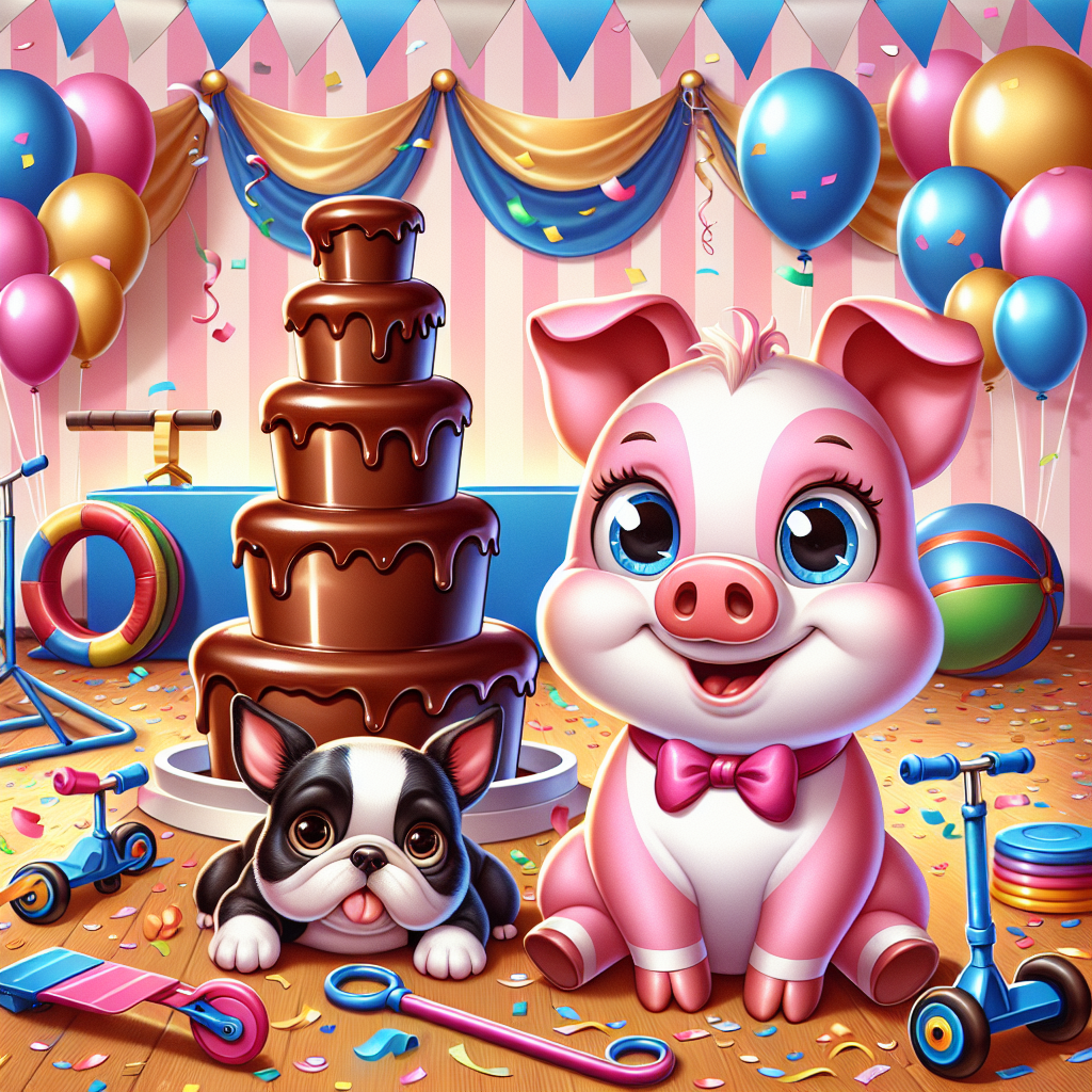 In this delightful cartoon-themed birthday setting, a lovable pink cartoon pig takes the stage with a cheerful smile, nestled among streamers and confetti. A lovable Boston terrier, noticeable by its unique blue and brown eyes, sits patiently awaiting treats. Colorful scooters lie against the walls, hinting at playful races to come. Gymnastic rings and mats offer a hint of interactive fun, while the aroma of rich chocolate captures the senses, leading to a beautifully illustrated chocolate fountain centerpiece.
Generated with these themes: Peppa pig, Boston terrier with one blue eye and one brown , Scooters, Gymnastics , and Chocolate .
Made with ❤️ by AI.