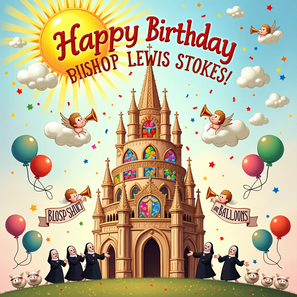 The greeting card front cover depicts a whimsical, layered scene combining humor and reverence in a vibrant, eye-catching style. At the center of the scene is a towering birthday cake shaped like a medieval cathedral, with stained glass windows crafted from colorful candies and icing. Each tier is ornately detailed, reminiscent of architectural designs from Europe’s historic cathedrals, with flying buttresses made of pretzel sticks. The cake is surrounded by a congregation of cartoonish cherubs, each one uniquely styled, juggling halo-shaped donuts and blowing party horn trumpets.

Above the cake, fluffy clouds form the words "Happy Birthday Bishop Lewis Stokes!" The letters are adorned with small angel wings, as if they are fluttering in the sky. One cherub is pointing towards this heavenly message with a cheeky grin. In the background, a golden sun beams down radiant rays made of shimmering confetti, casting a divine glow across the entire scene.

The sky is a spectrum of soft pastels, filled with playful elements: there are balloons shaped like crosses, each with a bright rainbow ribbon, floating gently upwards. In the foreground, a line of nuns, each wearing party hats, hold a banner reading "Blessings and Balloons" as they cheer for the birthday festivities.

On either side of the cake, two doves fly, carrying scrolls with sacred-looking but humorously rewritten messages, like "Thou Shalt Party." At the base of the cake, an array of cute, cartoon sheep are joyfully skipping around, some wearing tiny bishop's mitres, further adding to the lightheartedness of the scene. This colorful, detailed, and whimsical illustration perfectly blends celebration and sacred imagery, creating a memorable birthday card for Bishop Lewis Stokes.
Generated with these themes: Religious.
Made with ❤️ by AI.