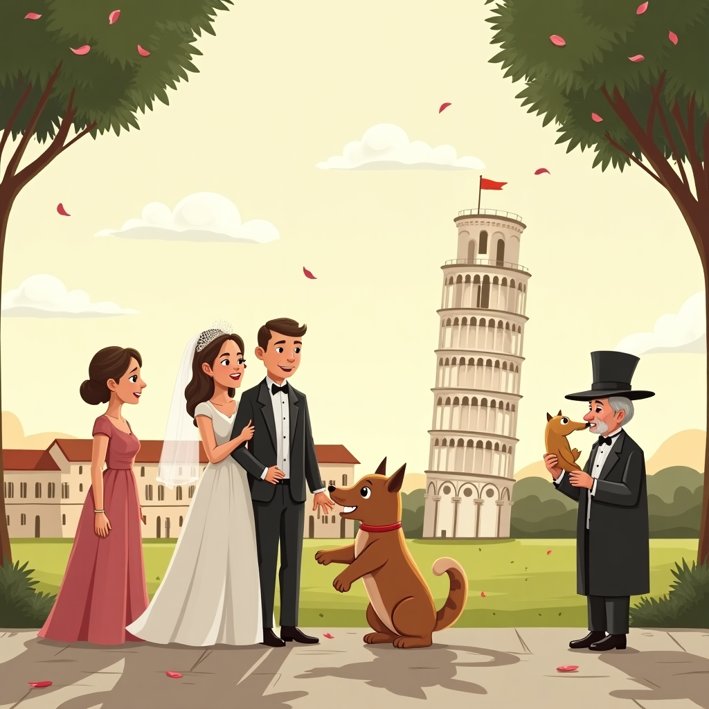 **At the top of the illustration image:** *"Happy Ever After, Waldo—Some Things Lean, But Love Stands Tall!"*

**Image prompt:**

A solemn, soft-toned illustrated scene showing the Great Tower of Pisa subtly leaning in the hazy distance beneath a gentle sunset sky, symbolizing the leaning, enduring nature of love. In the foreground, a dignified wedding ceremony is taking place at the base of the tower: a loving mother and an elegant grandmother—both dressed in flowing gowns—stand on either side of the happy couple, beaming with solemn joy.

To the right, a noble-looking dog and a wise old cat, both wearing small formal hats, share a symbolic “unity dish”—in a slightly cheeky visual twist, they nibble on two halves of the same (obviously fake, plush) stuffed animal, giving a tongue-in-cheek nod to their usual rivalry now reconciled in harmony.  

Falling petals from a nearby olive tree add a soft, poignant beauty, framing the scene with a sense of peace, quirky togetherness, and slightly bizarre domestic love.
Generated with these themes: A mom, A grandma, The great tower of piza, and A dog and a cat cannabilizing.
Made with ❤️ by AI.