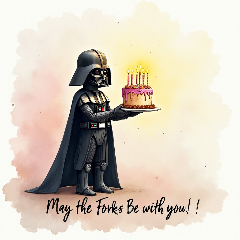 **Prompt for Image:**

Imagine a humorous birthday scene captured in soft watercolor. At the center, a charming depiction of Darth Vader, elegantly holding a whimsically decorated birthday cake. The cake is topped with flickering candles, casting a warm, gentle glow that mingles with the delicate watercolor hues. The background features faint, dreamy swirls of pastel colors, evoking an ethereal, celebratory atmosphere.

The paper texture subtly enhances the watercolor effect, lending an organic feel to the image. In the lower corner, a cheeky, handwritten-style text reads, "May the Forks Be with You!" This adds a lighthearted, playful touch to the scene, perfect for a birthday greeting.
Generated with these themes: Darth vader holding a cake, and .
Made with ❤️ by AI.