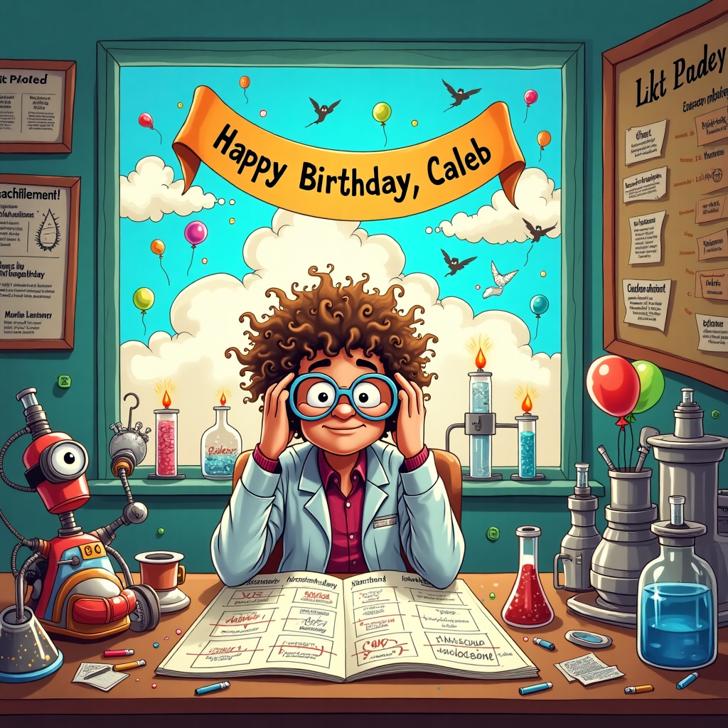 In a whimsical laboratory that seems straight out of a cartoon world, imagine a vibrant and lively scene bustling with a delightful chaos of colors and quirky details. In the center of the room, we have our protagonist—a man with wild, curly hair and oversized round glasses that magnify his eyes to comical proportions. He's hunched over a gigantic piece of poster paper on a cluttered desk filled with an array of colorful markers, test tubes bubbling with mysterious liquids, and scattered blueprints with scribbles of comical inventions. 

The man is intently working on a "Scientific Poster" that humorously breaks the fourth wall—an eye-catching cartoon of himself scratching his head, surrounded by fantastical equations and sketches of madcap machines. Each calculation is a humorous nod to birthday themes—like "Cake's Gravitational Pull" and "Balloon Helium Levitation Theory." To his left, a robot assistant made out of cake tins and spatulas is holding a beaker of confetti instead of chemicals, ready to celebrate.

Above him, a large, colorful banner hangs from the ceiling reading "Happy Birthday, Caleb!" with letters that seem to be floating mid-air, held up by helium-filled test tubes shaped like balloons. The banner is flanked by cartoonish chemical molecules that form festive party hats. To the right, a corkboard is adorned with quirky "Scientific Achievements" which humorously list Caleb’s many "discoveries," like "Perfect Party Playlist Algorithm" and "Optimal Candle-to-Cake Ratio."

In the background, a window frames a bright blue sky where clouds have whimsically formed the word "Caleb" as if nature itself is joining in the celebration. Through the window, you can also spot birds wearing lab goggles, hinting at the man's quirky influence on his surroundings. The scene is bustling with hidden jokes and playful nods to science, all in celebration of Caleb's special day, blending the chaos of creativity with the order of scientific inquiry.
Generated with these themes: man in glasses designing scientific poster.
Made with ❤️ by AI.