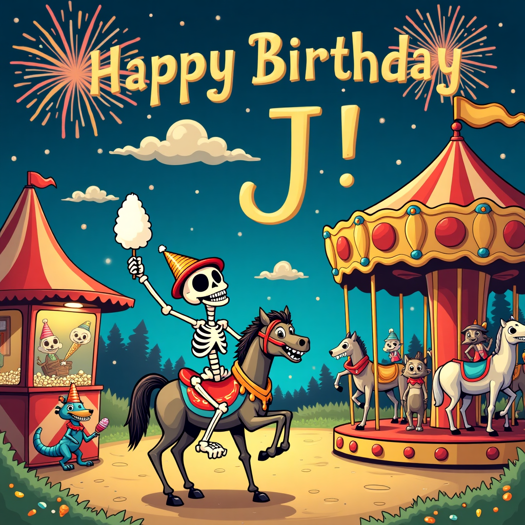 In the center of the card is a lively and humorous scene set in an old-fashioned, vibrant carnival under a starlit sky. At the forefront, a whimsical skeleton is joyfully riding a vintage carousel horse. The skeleton is dressed in a colorful party hat tilted slightly to the side, and it’s holding a comically large cotton candy in one hand while waving gleefully with the other. The horse it rides is extravagantly painted with bright hues of red, blue, and gold, reminiscent of the classic carousel designs that bring nostalgia and excitement. 

In the background, a classic merry-go-round spins in motion, filled with an eclectic mix of characters, including a small mischievous dinosaur with a birthday balloon tied to its tiny arm and a comical giant panda holding an ice cream cone. The other riders are various cartoonish animals, all sharing in the festive joy of the occasion. To the left, a popcorn stand is manned by a jolly raccoon wearing an apron and chef’s hat, enthusiastically handing out popcorn to a queue of eager attendees.

Above this vibrant carnival scene, the night sky is alight with a dazzling display of fireworks. These explosions of color are creatively arranged to spell out "Happy Birthday J!" in vibrant hues, ensuring the message stands out brilliantly against the night sky. Alongside the fireworks, fluffy cartoon clouds drift by, some shaped humorously like party balloons and confetti, adding to the whimsical atmosphere.

In the distance, a small Ferris wheel slowly turns, each gondola filled with more quirky skeletons, all wearing party hats and waving at the viewer, creating a joyful, celebratory vibe that ties the whole scene together. This playful scene encapsulates the joy and absurdity of a birthday celebration, blending the elements into a delightful cartoon homage that any fan of classic comics and animation would adore.
Generated with these themes: skeleton.
Made with ❤️ by AI.