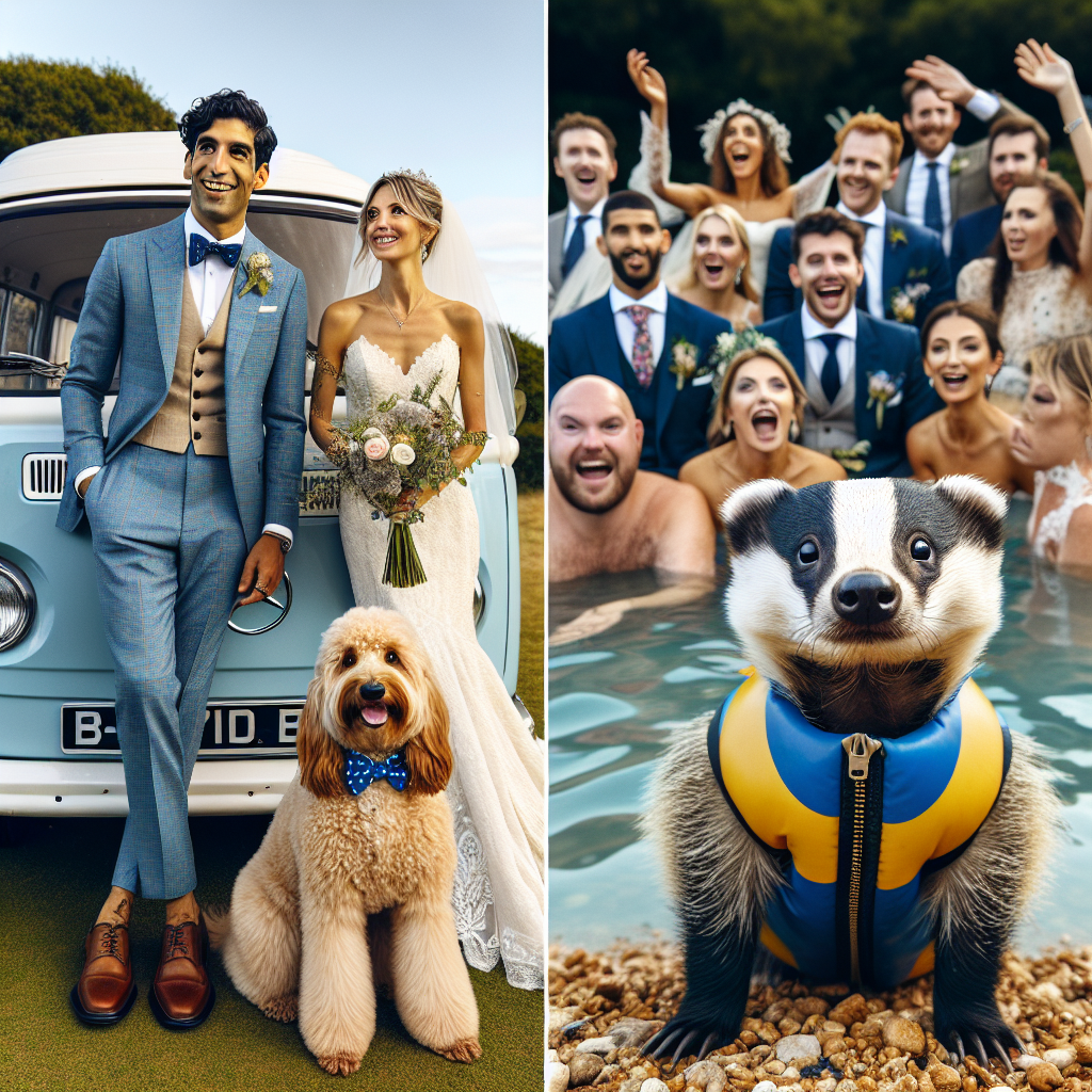 Cockapoo , Mercedes campervan , Badger, Hove, and Cold swimming Wedding Card