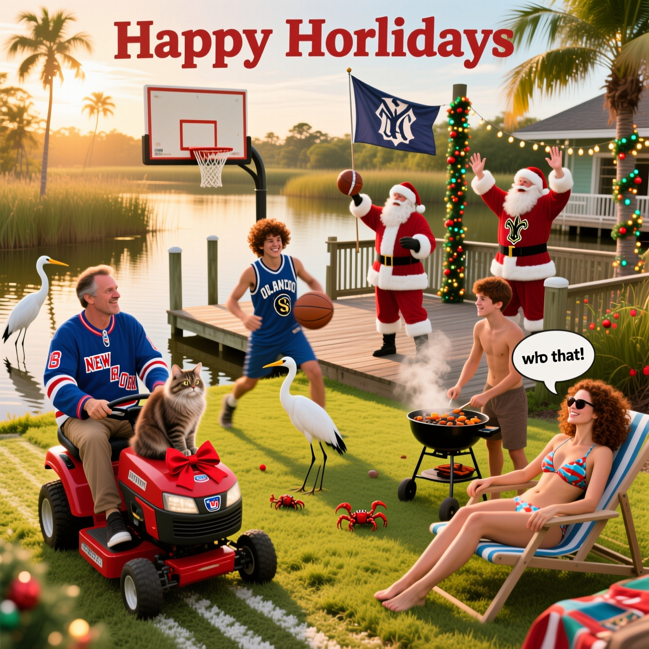 At the top of the Photorealistic picture taken from a camera image, Happy Holidays

Ultra-high-definition 4K UHD photorealistic camera image, accurate lighting, lifelike textures, rich depth of field, funny Christmas-in-the-Everglades scene at golden hour: a sunlit Florida Everglades backyard bordering sawgrass and calm tannin water, wooden dock and a small patch of bright lawn. Left foreground: a dad in a New York Rangers hockey jersey rides a red ride-on lawnmower, mowing crisp stripes; the mower is decked with a festive red bow; a fluffy brown-and-gray Persian cat rides on the hood, regal and unimpressed. Center: a deck with a hoop; Santa in an Orlando Magic basketball jersey drives to the basket against a young man with brown curly hair who is defending, motion blur on the basketball. Right foreground: a mom with curly brown hair in a bathing suit reclines on a lounge chair, sunglasses on, sunbathing; next to her, a young man with very short brown hair cooks at a BBQ grill, smoke curling upward. Midground: another Santa in a New Orleans Saints jersey grins, holding up a football; a playful speech bubble near him reads: who that! Background by the dock: a third Santa waves a New York Yankees flag on a pole, string lights twinkling on the railing and a palm wrapped with Christmas lights. Wildlife everywhere: tall water cranes wading, white egrets and ibises stalking the shallows, and tiny crabs scuttling along the muddy edge. Natural reflections in the water, gentle breeze ruffling jerseys and sawgrass, realistic skin tones and fabric weave visible on the jerseys. Shot on a full-frame 35mm lens, f/5.6, ISO 100, 1/500s, high dynamic range, crisp focus on the main action with soft bokeh background, bright, joyous, and comically chaotic.
Generated with these themes: Florida Everglades, birds, a Dad moving grass with NY Rangers Hockey Jersey on a ride-on lawnmower, a mom with curly brown hair in bathing suit getting sun tan, another santa playing basketball wearing an Orlando Magic basketball jersey, another santa holding a football wearing a New Orleans Saints jersey, who that! 3rd Santa holding a NY Yankees Flag, young man with brown curly hair playing basketball, another young with  very short brown hair cooking on a bbq, crabs and water cranes walking and a brown and gray Persian cat, and .
Made with ❤️ by AI.