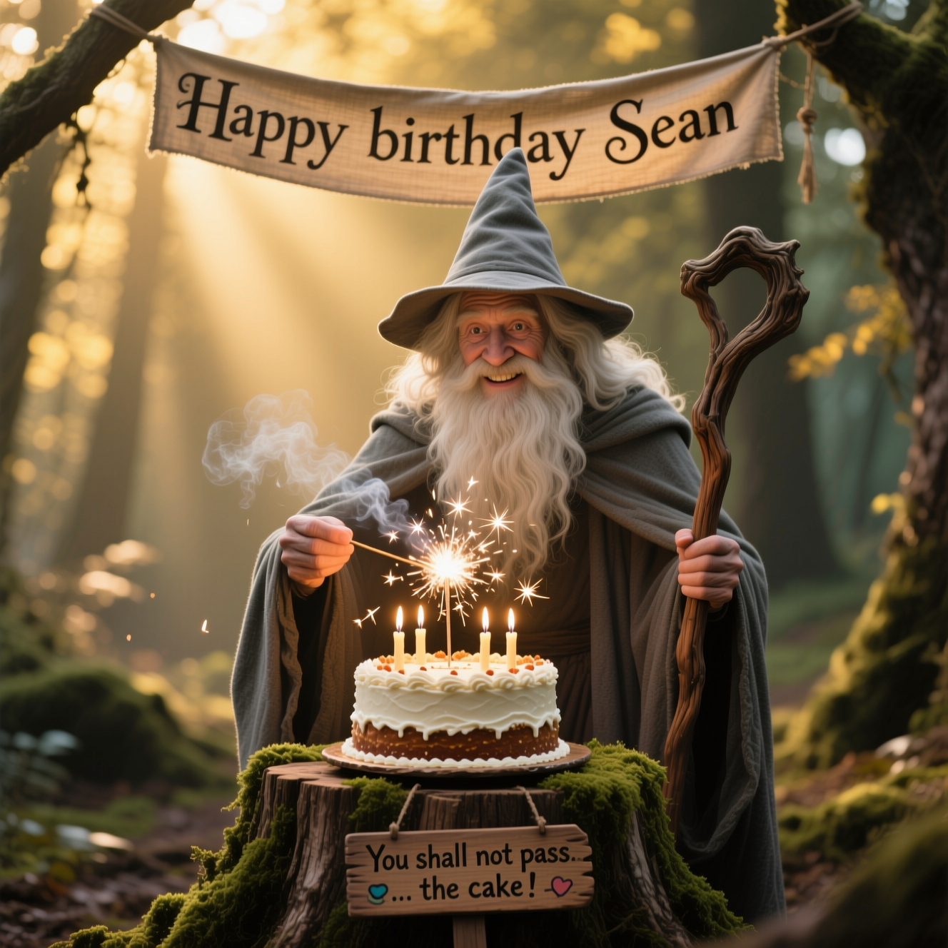 At the top of the Photorealistic picture taken from a camera image, Happy birthday Sean
Ultra‑high‑definition 4K photoreal vertical portrait photo, full‑frame camera look, 85mm lens at f/2.8, ISO 200, golden‑hour forest glade with soft volumetric sun rays, rich depth of field and natural bokeh. Gandalf from The Lord of the Rings, photoreal: tall elderly man with long white beard, weathered grey cloak and pointed hat, gnarled wooden staff, twinkling eyes and a mischievous grin. In front of him, a lavish rustic birthday cake on a mossy tree stump; from the tip of his staff a tiny firework spark lights the candles, sending playful embers and delicate wisps of smoke, warm candlelight glow reflecting in his eyes. A cloth banner strung between branches near the top reads “Happy birthday Sean” in elegant Middle‑earth‑style calligraphy. At the bottom, add a small hand‑painted wooden sign with a cheeky one‑liner: “You shall not pass… the cake!” True‑to‑life textures (fabric weave, beard strands, wood grain), accurate lighting and high dynamic range; crisp focus on Gandalf and cake, tastefully blurred background; no logos, no watermarks, no CGI, no cartoon.
Generated with these themes: Gandalf lord of the rings, and .
Made with ❤️ by AI.