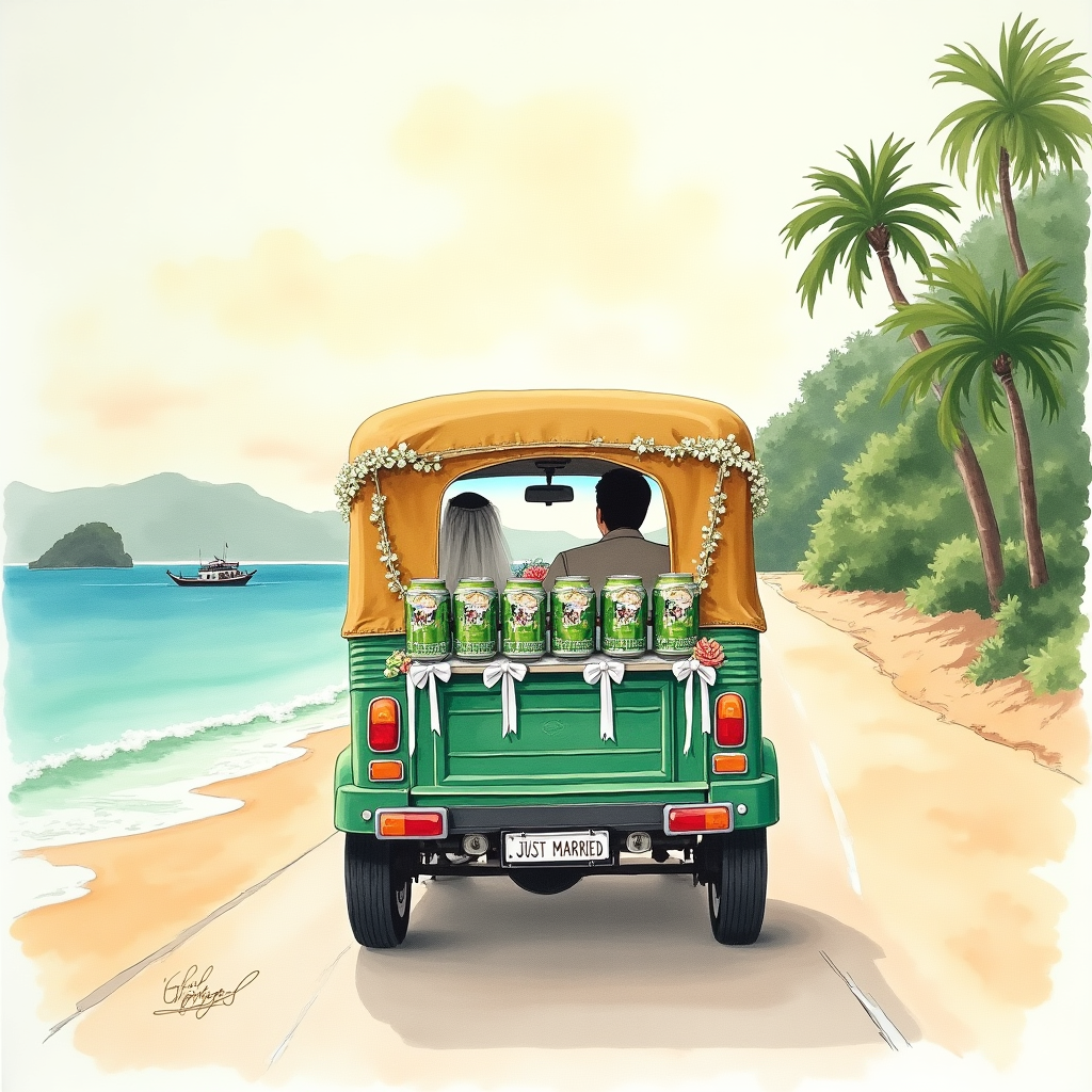 Soft, sincere watercolor on cold‑press paper, full‑bleed. Rear three‑quarter view of a Thai tuk tuk decked with white ribbons and jasmine–marigold garlands, puttering along a sun‑warmed coastal road in Phuket. A hand‑painted sign on the back reads “JUST MARRIED.” From the bumper trail several green Chang beer cans tied with twine, labels and elephant icon softly suggested; hint of metallic glint and watery splatter to show motion. Inside the tuk tuk, just a whisper of a white veil and boutonnière—no detailed faces. To the left, the Andaman Sea in translucent seafoam and turquoise; hazy limestone islets, a distant long‑tail boat, palm‑fringed shoreline and sunlit hills; late‑afternoon glow with a peach‑to‑aqua sky and feathery clouds.

Style and feel: wet‑on‑wet watercolor, delicate gradients, soft edges, pigment blooms and subtle granulation; natural paper texture visible in the highlights. Warm, tender, sincere mood. Palette: seafoam, jade, turquoise, blush peach, warm gold, creamy white.

Composition: tuk tuk large and slightly off‑center, cans leading into the foreground with loose splashes; background softly diffused to keep focus on the getaway.

Small text in‑image: bottom center, hand‑lettered watercolor script in warm sepia, reading: “Tuk‑tuk to forever.”
Generated with these themes: Tuk tuk with “just married” on the back , Cans of Chang beer trailing behind, Phuket in the background , and .
Made with ❤️ by AI.